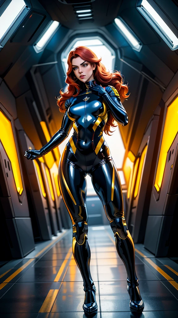 Best quality, 4K, american comics art style, vintage space woman,long red hair,lookng to observer,yellow and dark blue tight latex suit under shine black hi-tech armor,dynamic pose, spaceship corridor scenario, dramatic lights 