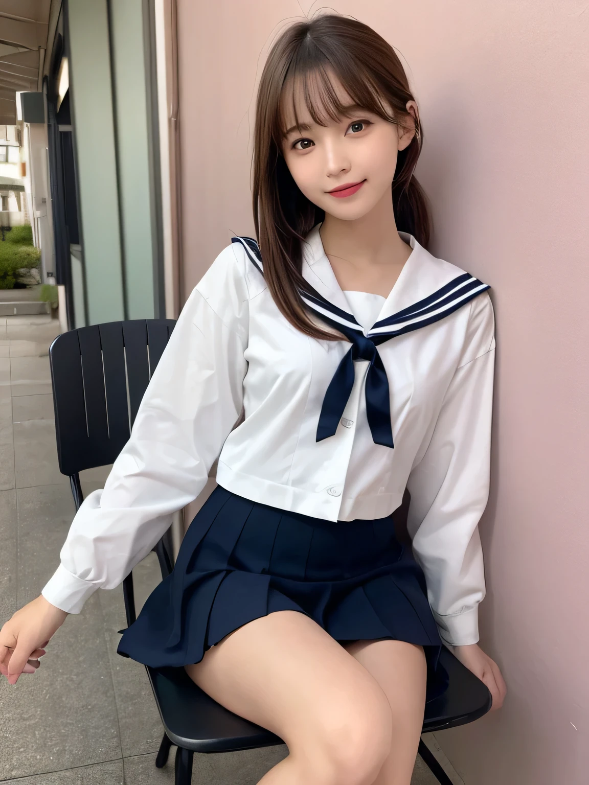 In detail,Full body photo、 High resolution, high quality、Slim body、Perfect dynamic composition, Beautiful fine details, Blonde、ponytail、Natural color lip,Kamimei、17-year-old girl、2 people、Clear Skin、Sailor suit、Red mini skirt、Thighs、Shiny Hair、最high quality, figure, Very detailed, In detail, High resolution, 8k、The correct state of the human body、Sculpture model pose,Pink wall,Sitting in a chair、Thighs are visible、smile、