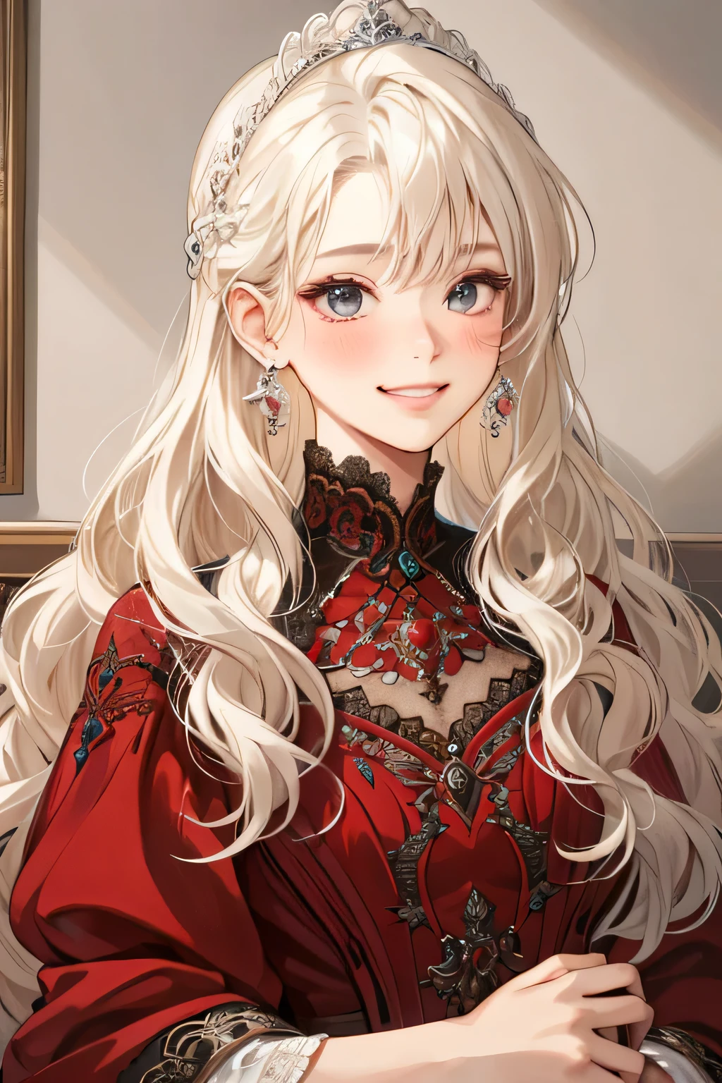 (extreamly delicate and beautiful:1.2), 8K,(masterpiece:1.0),(best_quality:1.0), 1 girl, and intricate detailing, Enlarged textures, and intricate detailing, finely eye and detailed face, and intricate detailing, shiraga, platinum blonde long curl hair, (smile mouths), Perfect eyes, Equal eyes, black eyes (A famale god) classic red dress modern, look at camera, look like 50 years old, blush