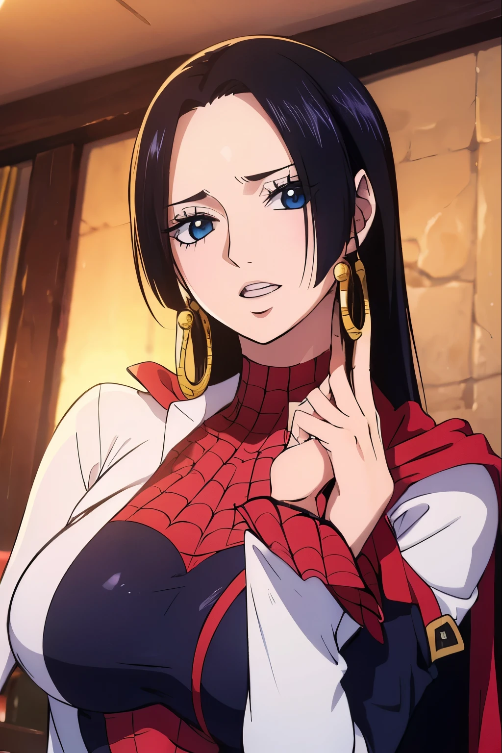(((obra maestra))), (((Mejor calidad))), ((ultra detallado)), (highly detailed CG illustration), boa hancock, , (obra maestra:1.5), Foto detallada, ella lleva un traje de spiderman,ajustado,sonriente,cuerpo entero, sexy, (Mejor calidad: 1.4), (1 chica), Hermoso Face, (pelaje negro, ancho: 1.3), Hermoso Hairstyle, ella usa un traje de spiderman, Hermosos detalles ojos, (Piel realista), Piel hermosa, absurdo, atractivo, Ultra high resolution, High Definition, (excitado sexualmente:1.5), piel blanca rosada, cool white light, pose sexy, Hermoso , Fondo blanco, luz blanca suave rosa,lleva un traje de spiderman, (Bukkake:1.8), {inside the room|exteriores|fondo simple},(Sin correa para el hombro:1.3),(ebrio:1.7)) (por el WAVY:0.8), pelaje negro,(blue eyes),pechos grandes,sonrisa, (Estar rojo en la cara:1.4),mira a la camara, lleva un traje de spiderman