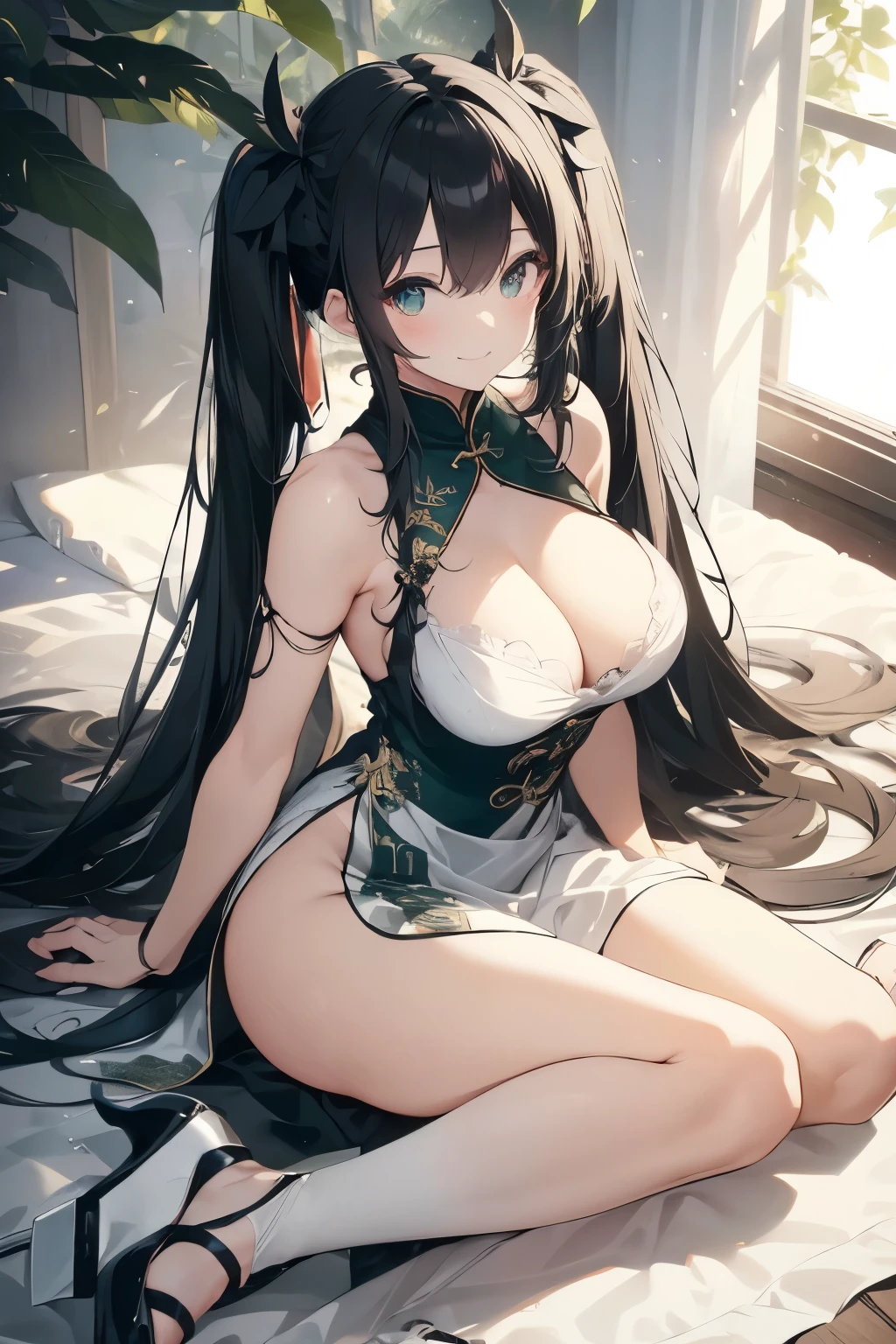 White Chinese Dress、High leg、High Slit、Black high heels、Dark green twin tails、Aerial、Uplifting、breast、Cleavage