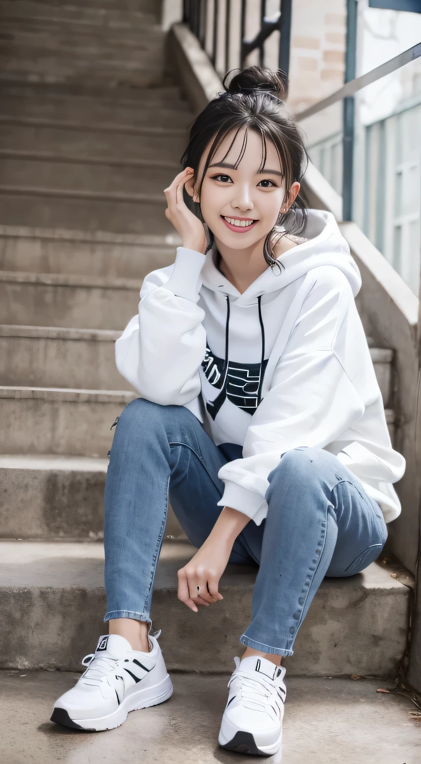 highest quality, Realistic, Very detailed, Finer details, High resolution, 8k wallpaper, One beautiful woman,Sit on the stairs、(Wear black socks)smile、(Beautiful teeth alignment、)(Gums are visible) Oversized hoodie, Skinny jeans,( Black sneakers)、Black Hair、 Beautiful Bangs、ear piercing、Perfect dynamic composition, Beautiful and detailed, Full Body Shot, A big smile