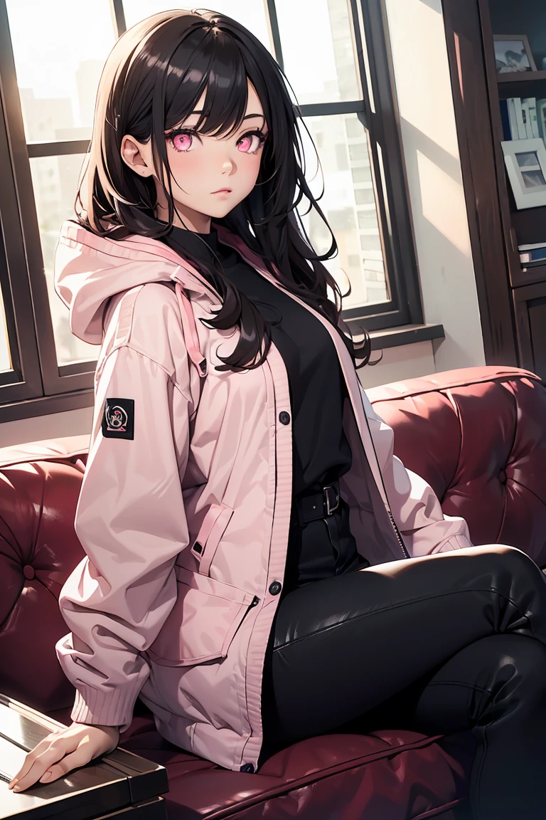 ((1 girl)), Sit on the sofa, Crossing your legs, My Room, Latest Trends in Clothing, Large hooded parka, Street fashion,(Cowboy Shot) ,((Very detailed,highest quality, High resolution, 8k wallpaper, Beautiful clothes,)),((Black Hair, Long Hair,Straight hair)), eye shadow, eyeliner,Glow Eye, Very detailedな目, Clear Eyes, Beautiful Eyes, ((Shining pale pink eyes)), 18-year-old girl.