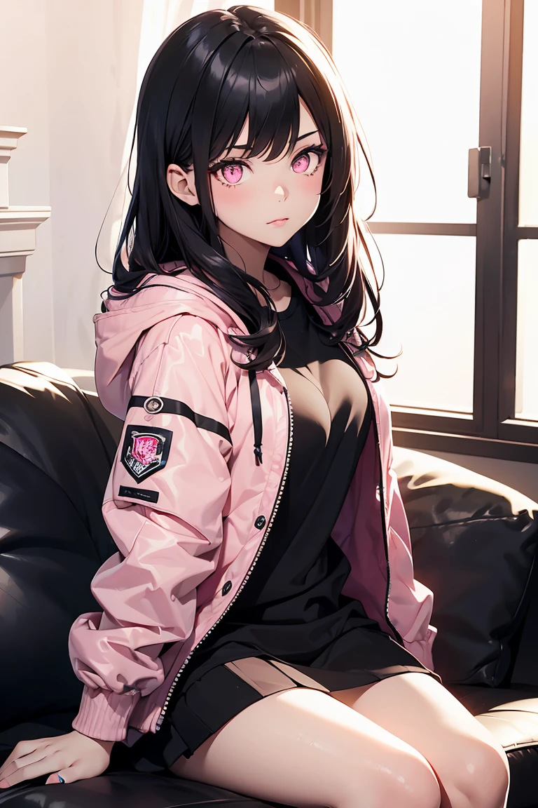 ((1 girl)), Sit on the sofa, Crossing your legs, My Room, Latest Trends in Clothing, Large hooded parka, Street fashion,(Cowboy Shot) ,((Very detailed,highest quality, High resolution, 8k wallpaper, Beautiful clothes,)),((Black Hair, Long Hair,Straight hair)), eye shadow, eyeliner,Glow Eye, Very detailedな目, Clear Eyes, Beautiful Eyes, ((Shining pale pink eyes)), 18-year-old girl.
