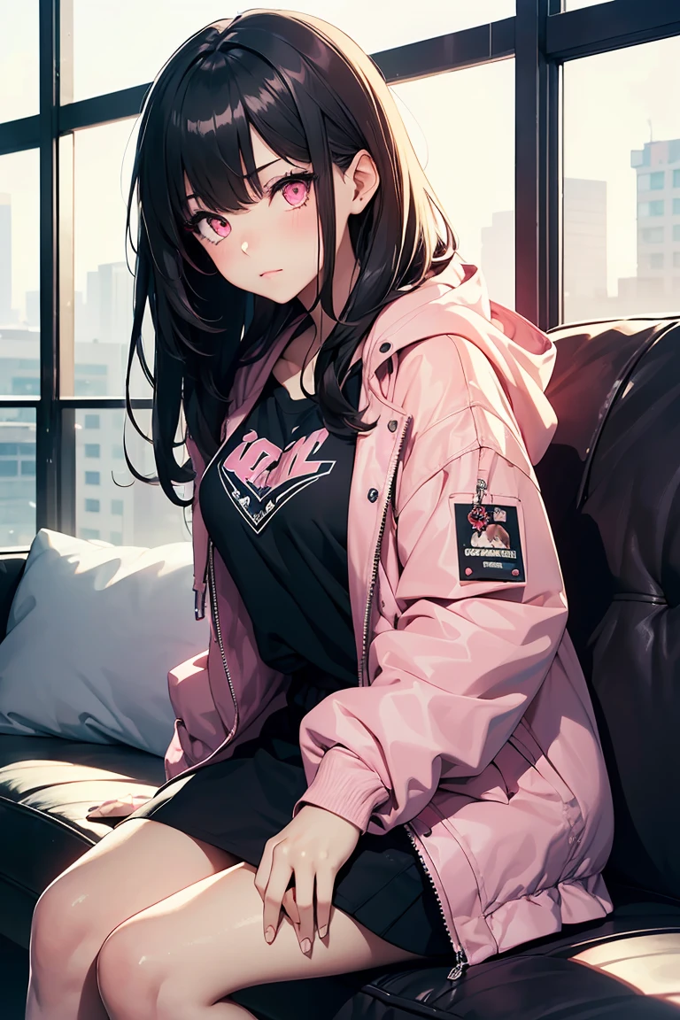 ((1 girl)), Sit on the sofa, Crossing your legs, My Room, Latest Trends in Clothing, Large hooded parka, Street fashion,(Cowboy Shot) ,((Very detailed,highest quality, High resolution, 8k wallpaper, Beautiful clothes,)),((Black Hair, Long Hair,Straight hair)), eye shadow, eyeliner,Glow Eye, Very detailedな目, Clear Eyes, Beautiful Eyes, ((Shining pale pink eyes)), 18-year-old girl.