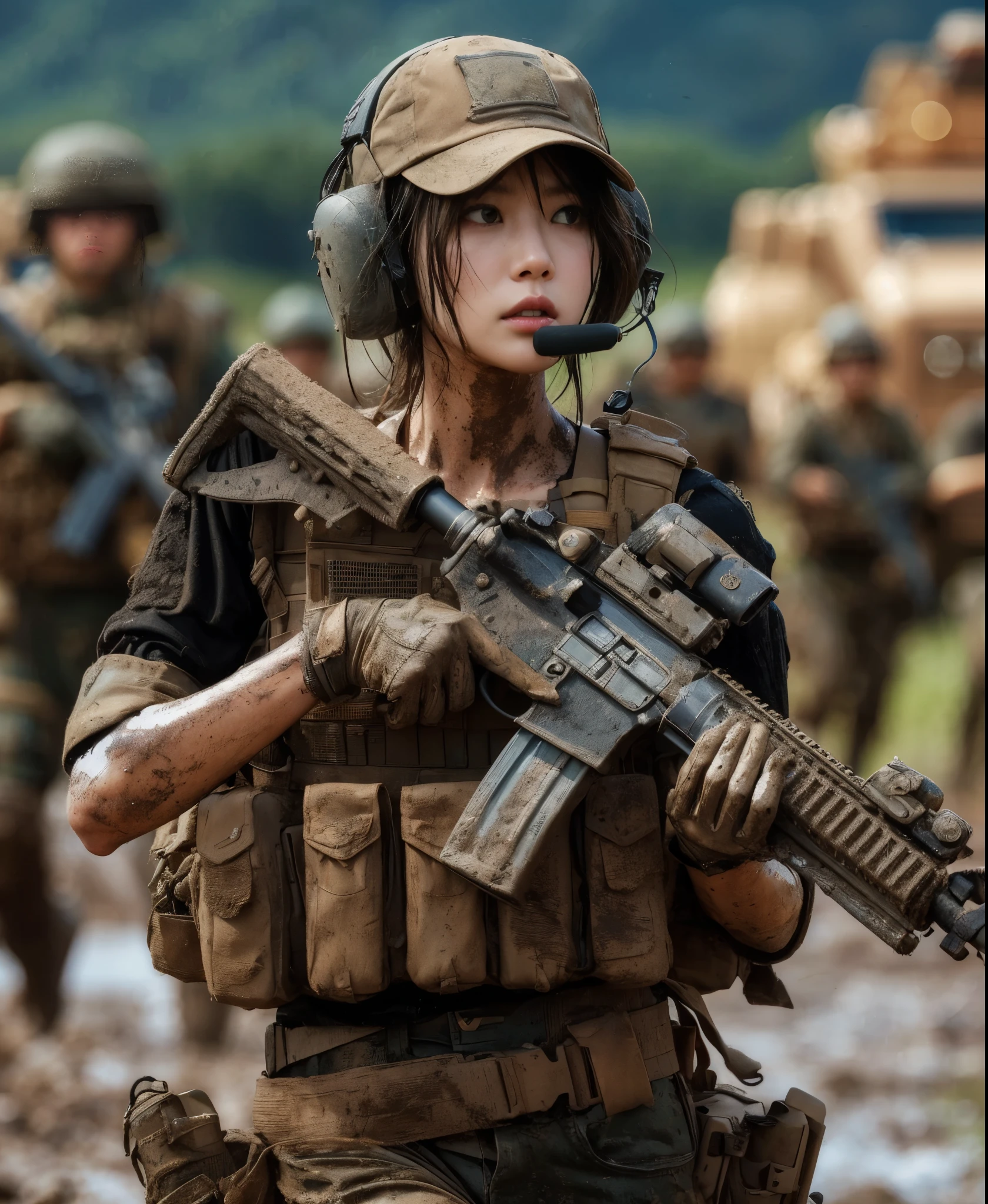 8K, realistic photo, realistic skin texture, Japanese women in the U.S. Army、、wasteland、mud、Automatic rifle、Bulletproof vest、backpack、Several tanks and military vehicles are seen in the distance.、Move forward at a fast pace、Signal to move forward、The background is out of focus