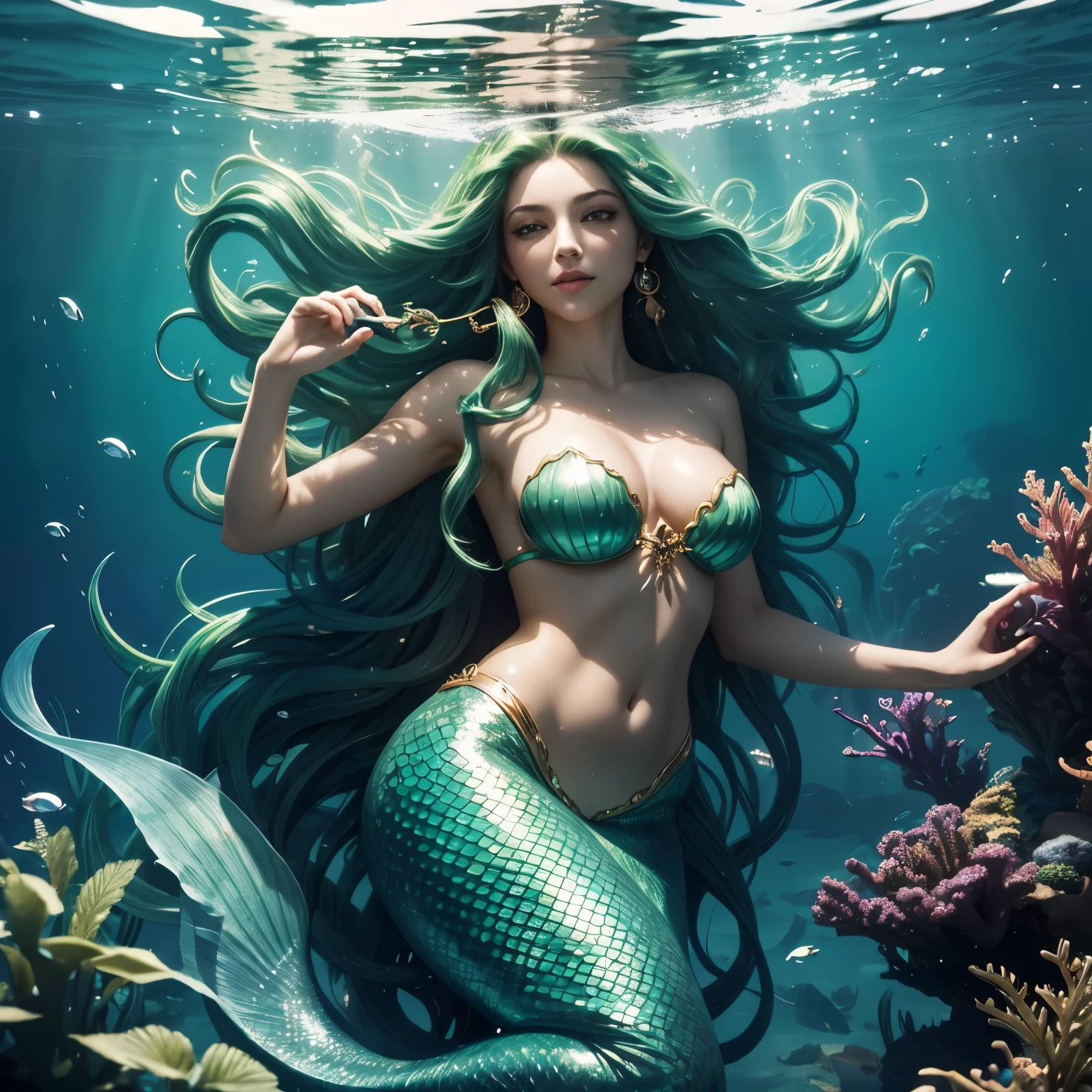 A mermaid in the sea, with dreadlocks, seductively alluring, and puffing on cannabis. Her long, wavy green hair frames her radiant face, highlighting her sensual pout and sparkling emerald eyes. Her lithe figure glimmers in the underwater kingdom, adorned with glowing jewels and shimmering scales. A sensual smoky aura surrounds her as she takes a relaxed puff, releasing a cloud of sweet-smelling smoke into the water around her. The tranquil moonlight illuminates her enchanting form, as she gracefully floats, embracing the peace and freedom of her aquatic world.