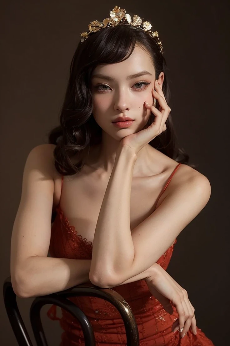 una mujer con un vestido rojo sentada en una silla con una corona dorada, Retrato de Sophie Mudd, Julia Gorokhova, Angelina Stroganova, anna nikonova aka new milkmaid, anastasia ovchinnikova, yelena belova, olga buzova, Alina Ivánchenko, Victoria Gavrilenko, hermosa modelo femenina, anna nikonova
