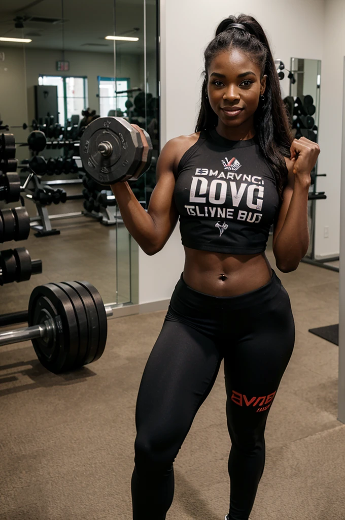 An Ebony viking Warrior gorgeus Fitness girl Toon, Full body, pretty face, celebrating victory, with word "Davick" written on the shirt, carrying onde dumbell in each hand, Simpson style