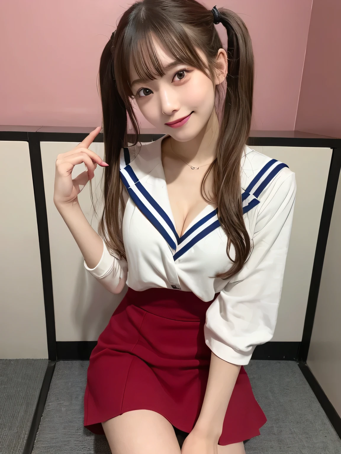 In detail,Full body photo、 Two high school girls、High resolution, high quality、Slim body、Perfect dynamic composition, Beautiful fine details, Blonde、Twin tails、Natural color lip,Kamimei、17-year-old girl、Clear Skin、Sailor suit、Red mini skirt、Thighs、Shiny Hair、最high quality, figure, Very detailed, In detail, High resolution, 8k、The correct state of the human body、Sculpture model pose,Small cleavage、Pink wall,Sitting in a chair、Thighs are visible、smile、