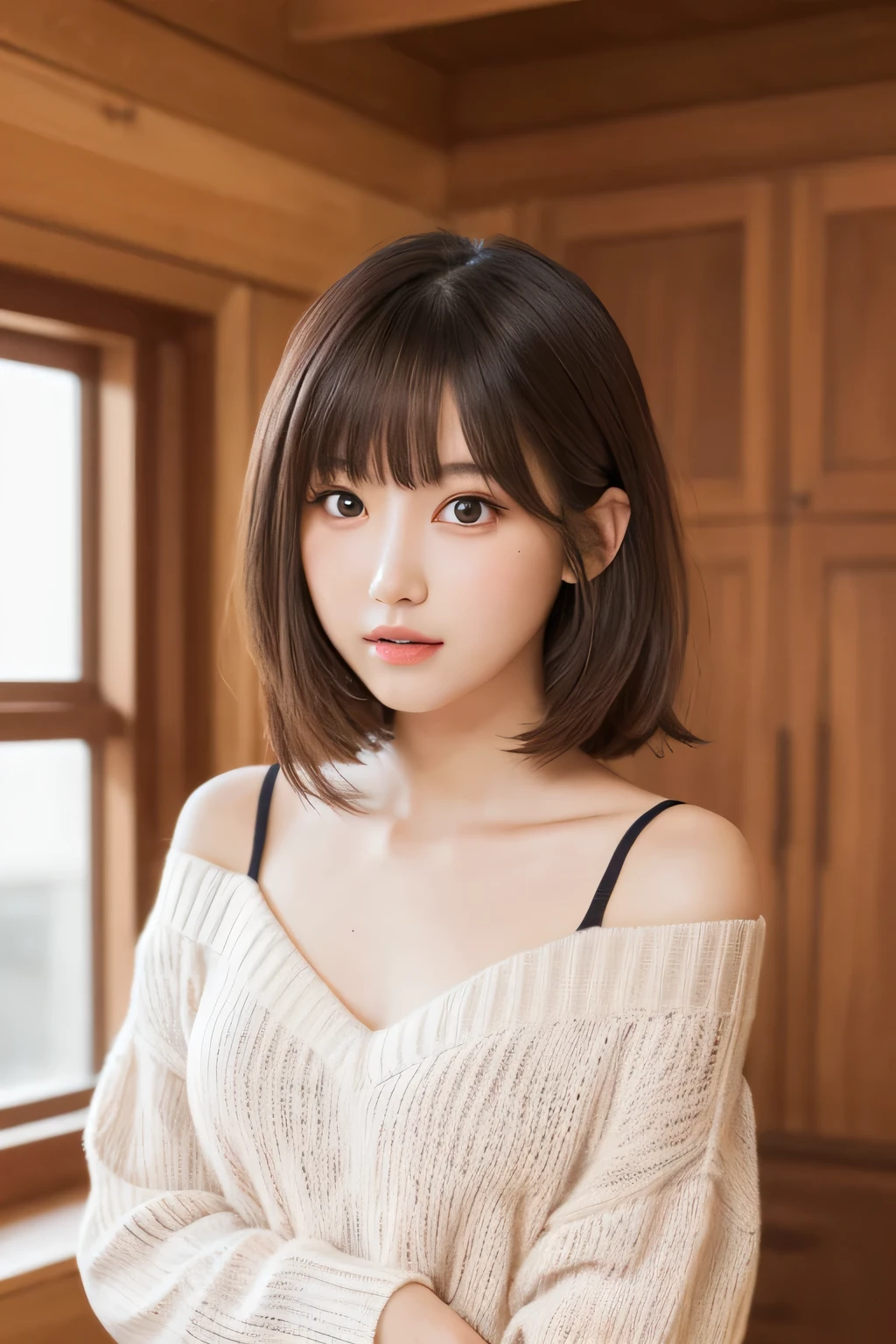 masutepiece, Best Quality, One girl, (Beautiful Girl:1.3), (18 years old:1.3), Very fine eye definition, (Symmetrical eyes:1.3), (v-neck sweater, off-shoulder:1.2), Beautiful breasts, Brown eyes, Parted bangs, Brown hair