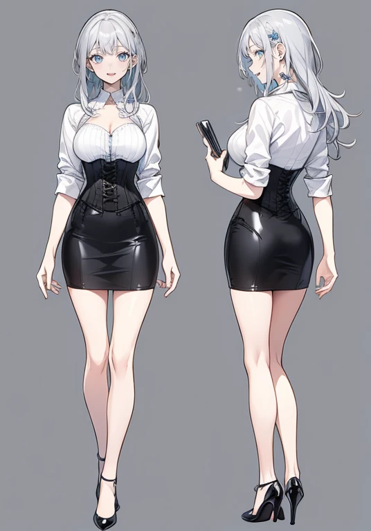 silver hair,Long hair,Adult female,Bartender,((Rolling up your sleeves shirt)),(Corset),(Tight skirt),High heels,((Simple background)),Smile,((Full body)),((whole body)),Character Sheet,Arms slightly open