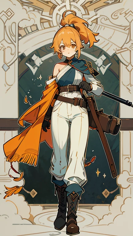 Victorian style, British background, whole body圖, figure, Standing image,whole body，figure设定图，Three views of charactermorpg，Apricot hair，High Ponytail，Holding a rifle，1 girl，Imperial sister body type，Bullet Bag，Adventure outfits，boot cut pant，Boots，Explorer Gloves，Cowboy，One shoulder shawl。