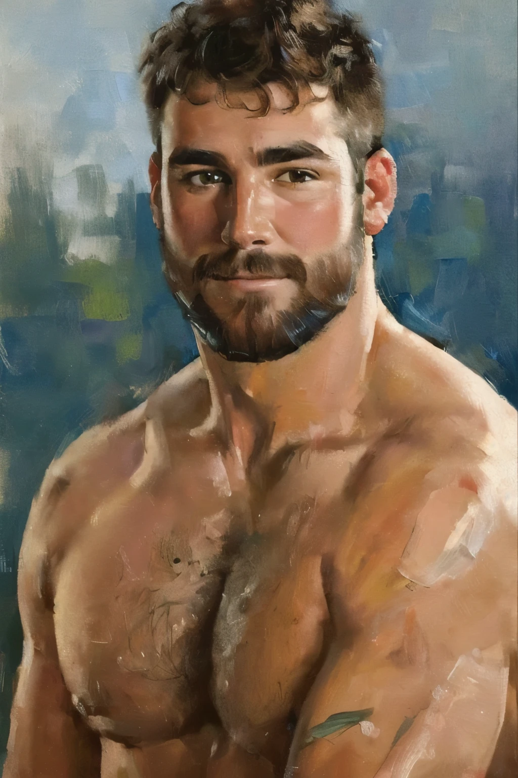 (bichu, oil painting, Impressionism) of (one male), (looking at viewer), (head shot:1.7) (portrait:1.7),
Very detailed manly face, heroic, detailed realistic open teal eyes, (muscular:1.5), (big muscles), (massive pecs), (hairy pecs), narrow waist and hips, (chocolate brown hair), (slight smile), (shirtless) (topless male). highly detailed, high quality, masterpiece