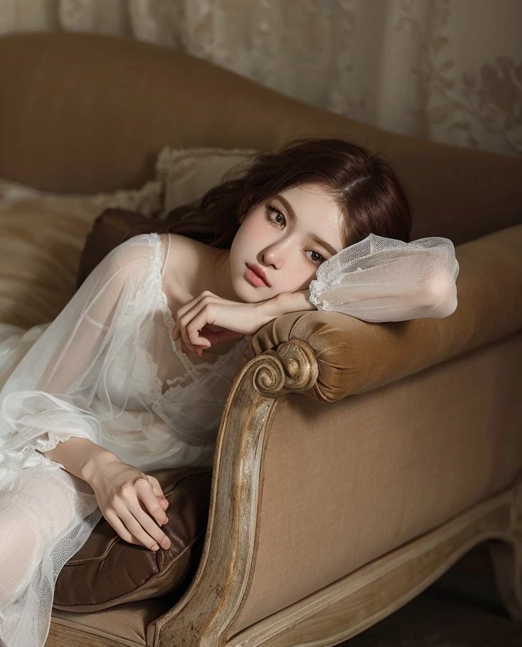 Arafed woman in a white dress sitting on a sofa., monia merlo, with pale skin, yelena belova, pale ivory skin, Ethereal beauty, anastasia ovchinnikova, anna nikonova, pale porcelain skin, pale ivory skin, pale and light skin!!, anna nikonova aka new milkmaid, a stunning young ethereal figure, by Iraqi Nadar