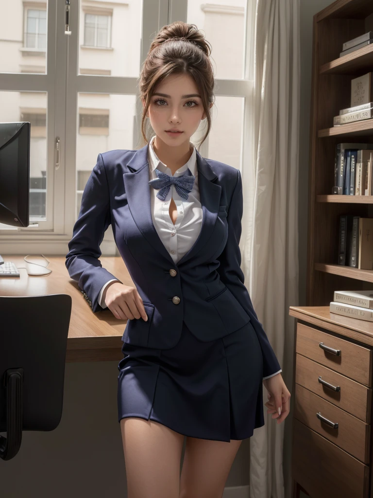 Mujer con traje de negocios parada frente a una computadora., colegiala realista, vistiendo un traje de negocios estricto, hypercolegiala realista, mujer seductora, un hiperrealista , hermosa y seductora mujer, en un traje estricto, en traje estricto, epic and elegant portrait, (SFW) Seguro para el trabajo, ropa de oficina