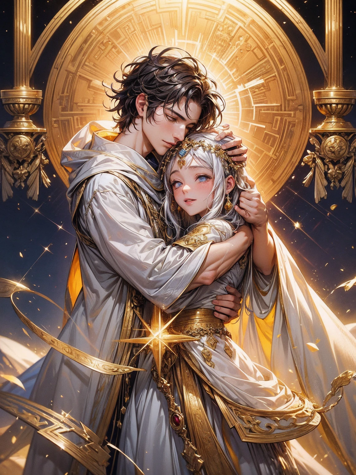 masterpiece, 最high quality, high quality, Highly detailed CG Unity 8k wallpaper, A happy couple、Emperor Constantine the Great of Rome, eternal love with Minervina, scenes of happy lovers, warm and strong embraces, bliss of love, excitement, lyrical, heartfelt, dramatic, romantic, beautiful white garments, golden belts, high vibrations, pure love, the splendor of Greece and Rome, the light of heavenly Jerusalem, washing of the soul, purification of the heart, healing of the body, joy, happiness of love, heartfelt smiles, the happiness of forgiveness, gratitude, thankfulness, praying for everyone for love, redemption, forgiveness, healing, and tranquility. These are events on Earth. Everyone is happily spending time in their own heavens. Also, friendly and pleasant relationships, sacred atmosphere, paradise of greenery and flowers, heaven, blessings and protection, beautiful, shining, ultra-high quality, ultra-high resolution, ultra-fine, ultra-beautiful, masterpiece.