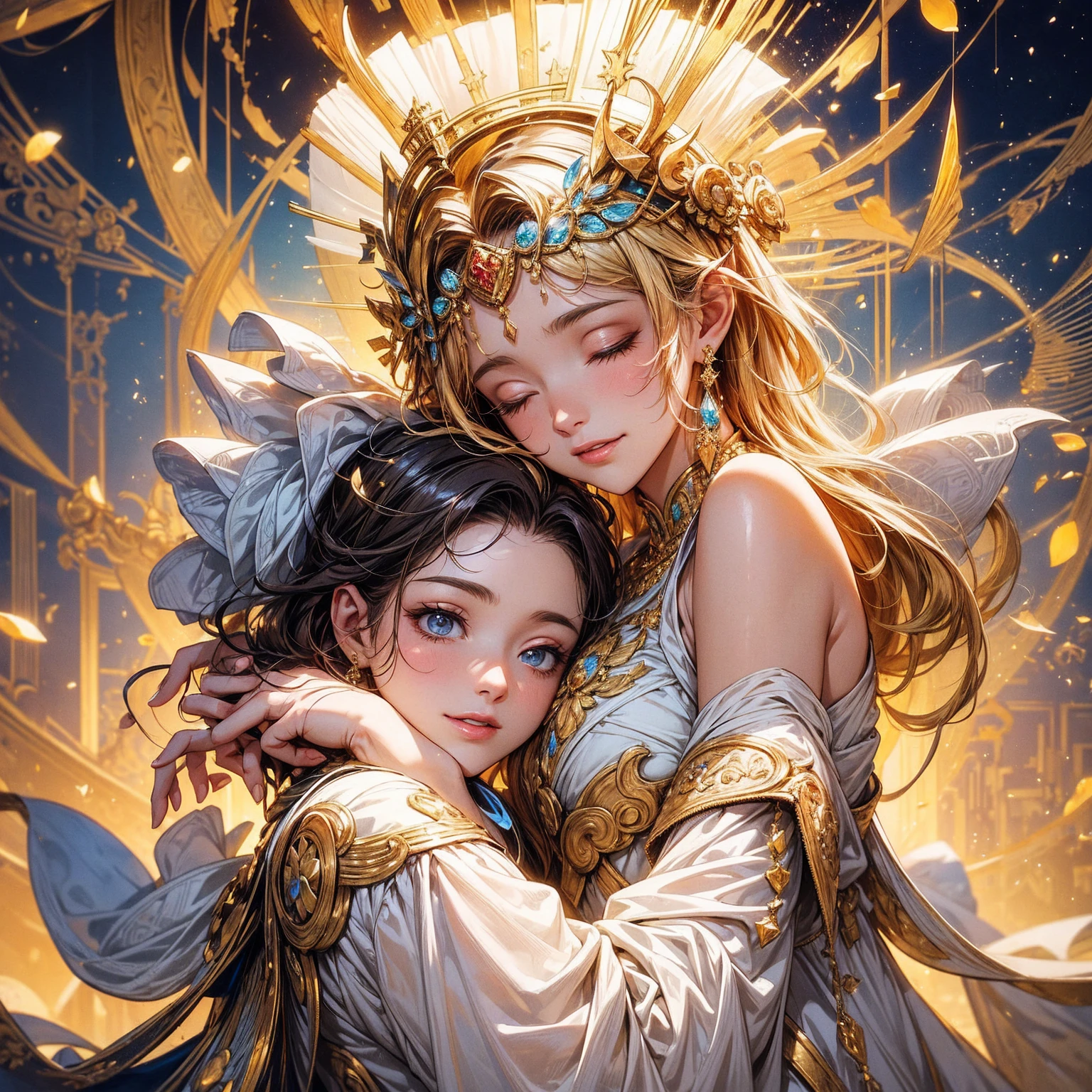 masterpiece, 最high quality, high quality, Highly detailed CG Unity 8k wallpaper, A happy couple、Emperor Constantine the Great of Rome, eternal love with Minervina, scenes of happy lovers, warm and strong embraces, bliss of love, excitement, lyrical, heartfelt, dramatic, romantic, beautiful white garments, golden belts, high vibrations, pure love, the splendor of Greece and Rome, the light of heavenly Jerusalem, washing of the soul, purification of the heart, healing of the body, joy, happiness of love, heartfelt smiles, the happiness of forgiveness, gratitude, thankfulness, praying for everyone for love, redemption, forgiveness, healing, and tranquility. These are events on Earth. Everyone is happily spending time in their own heavens. Also, friendly and pleasant relationships, sacred atmosphere, paradise of greenery and flowers, heaven, blessings and protection, beautiful, shining, ultra-high quality, ultra-high resolution, ultra-fine, ultra-beautiful, masterpiece.