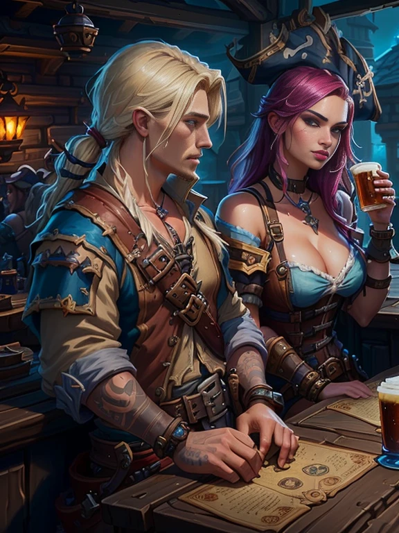 Pirate and woman drinking beer at a bar, pirates in a Shoulder strap, Shoulder strap background, fantasy Shoulder strap background, Tyler Edlin Fantasy Art, Surreal d & d Fantasy Art, Shoulder strap, Hearthstone concept art, Hearthstone card artwork, Hearthstone Artwork, grog strongjaw, in a medieval Shoulder strap at night, Hearthstone card game artwork, Hearthstone Art, by Johannes Helgeson