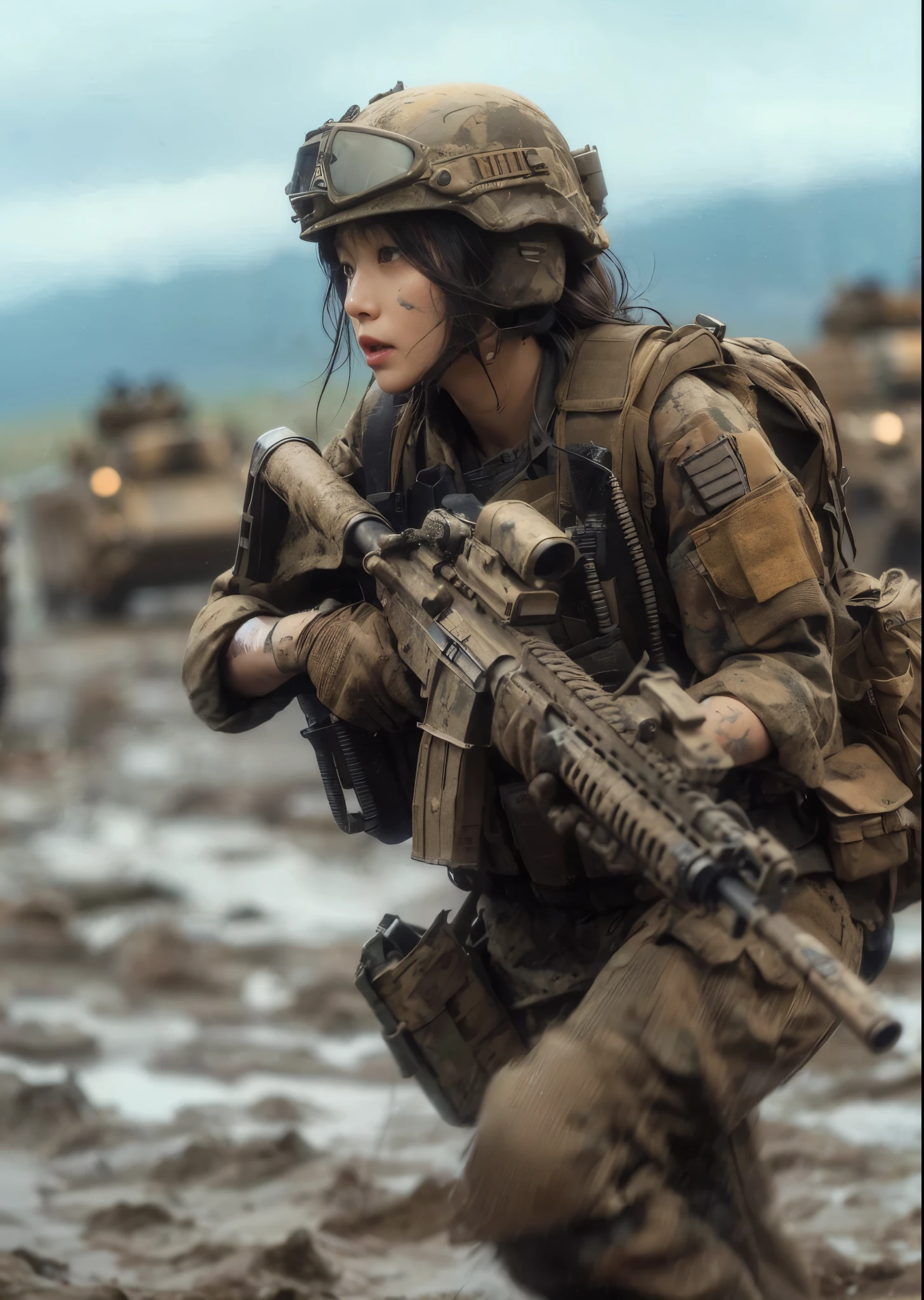 8K, realistic photo, realistic skin texture, Japanese women in the U.S. Army、、wasteland、mud、Automatic rifle、Bulletproof vest、backpack、Several tanks and military vehicles are seen in the distance.、Move forward at a fast pace、Signal to move forward、The background is out of focus