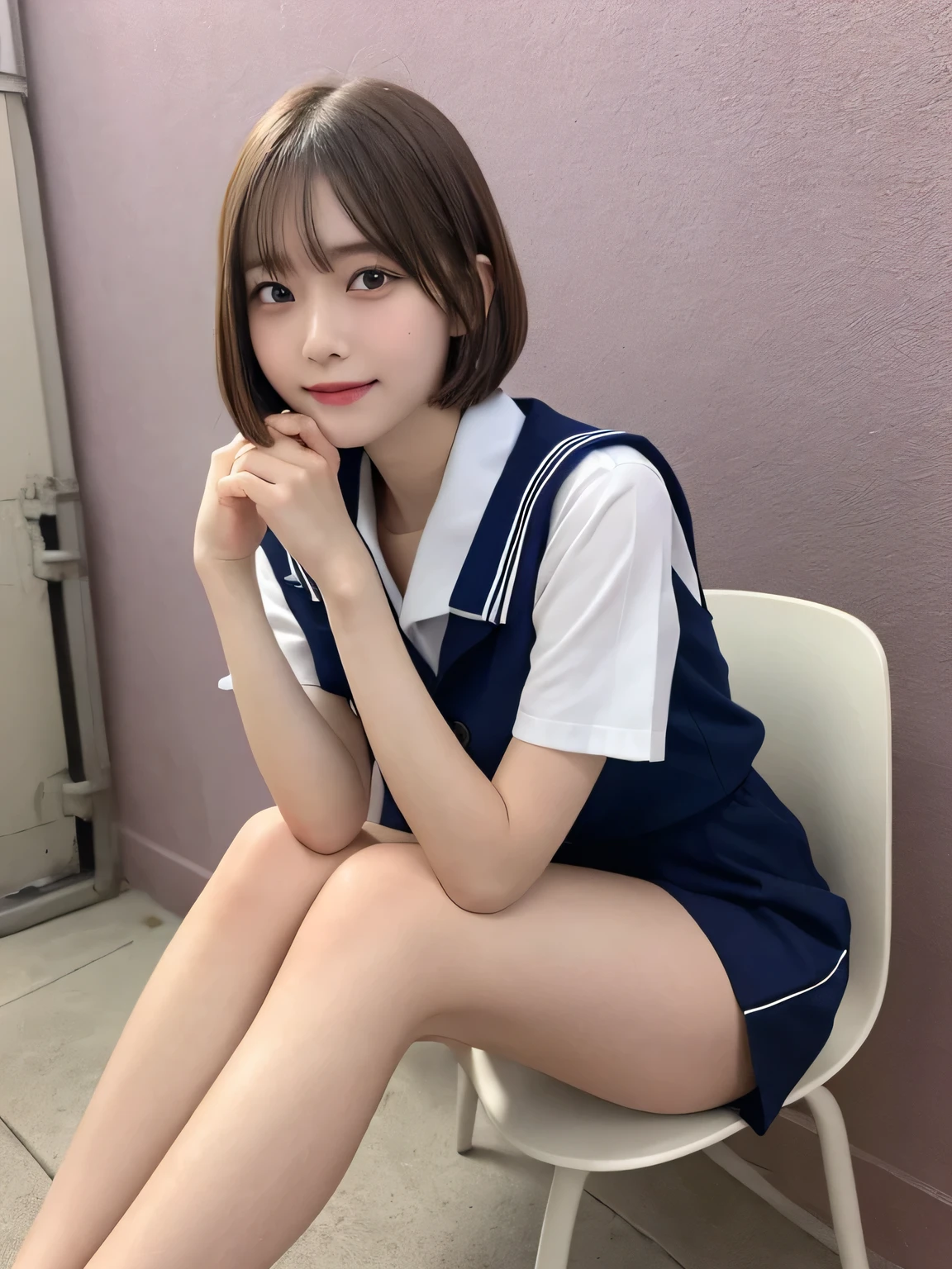 In detail,Full body photo、High resolution, high quality、Slim body、Perfect dynamic composition, Beautiful fine details, Blonde、Bobcut、Natural color lip,Kamimei、17-year-old high school girl、Clear Skin、Sailor suit、Navy blue mini skirt、Thighs、Shiny Hair、最high quality, figure, Very detailed, In detail, High resolution, 8k、The correct state of the human body、Sculpture model pose，Pink wall,Sitting in a chair、Thighs are visible、smile、