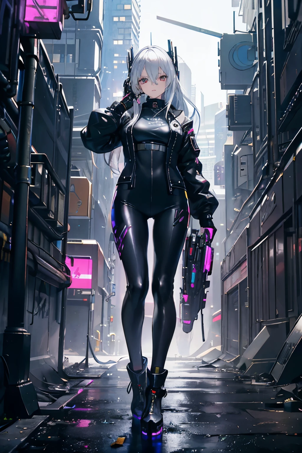 masterpiece, top-quality, high resolution, Cyberpunk-inspired:
A woman with long, sleek silver hair, dressed in a Cyberpunk outfit like a futuristic ninja, poses confidently against a neon-lit cityscape. Her outfit includes a explicitly-detailed leather jacket, shiny metallic leggings, and matching platform boots. Her eyes, enhanced with augmented reality contacts, gleam with intelligence and determination. With one hand on her hip and the other holding a high-tech gadget, she exudes an air of power and grace. The scene is rendered in high-definition, with every texture and detail brought to life in stunning clarity. The dark