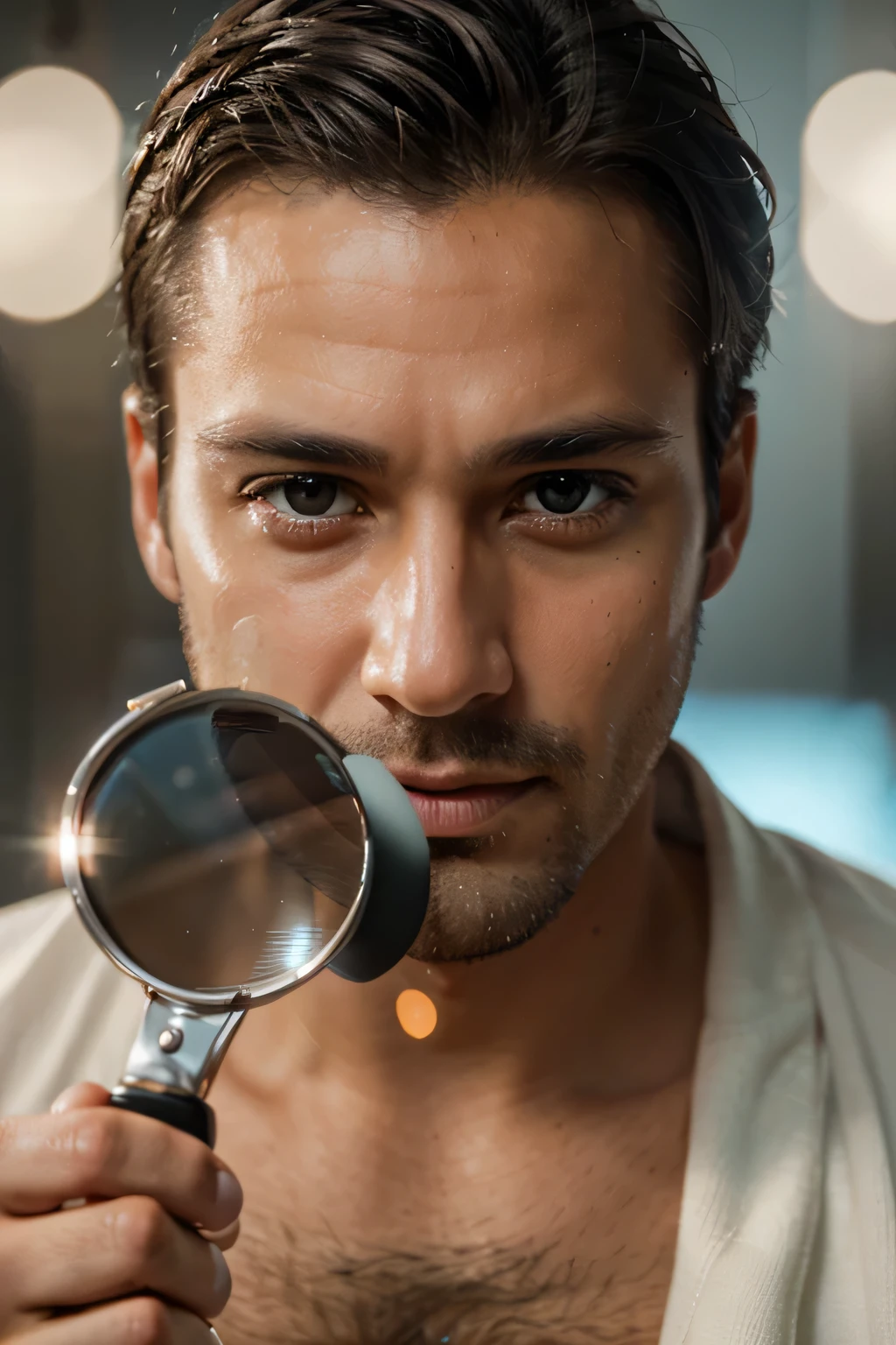 a man looking through a magnifying glass right into the camera with one eye,close-up. ,good bright light, profesional photo, realistic, good vibe, hd, 4k, super professional quality, five fingers on each heand, realistic 2 eyes, no gliches