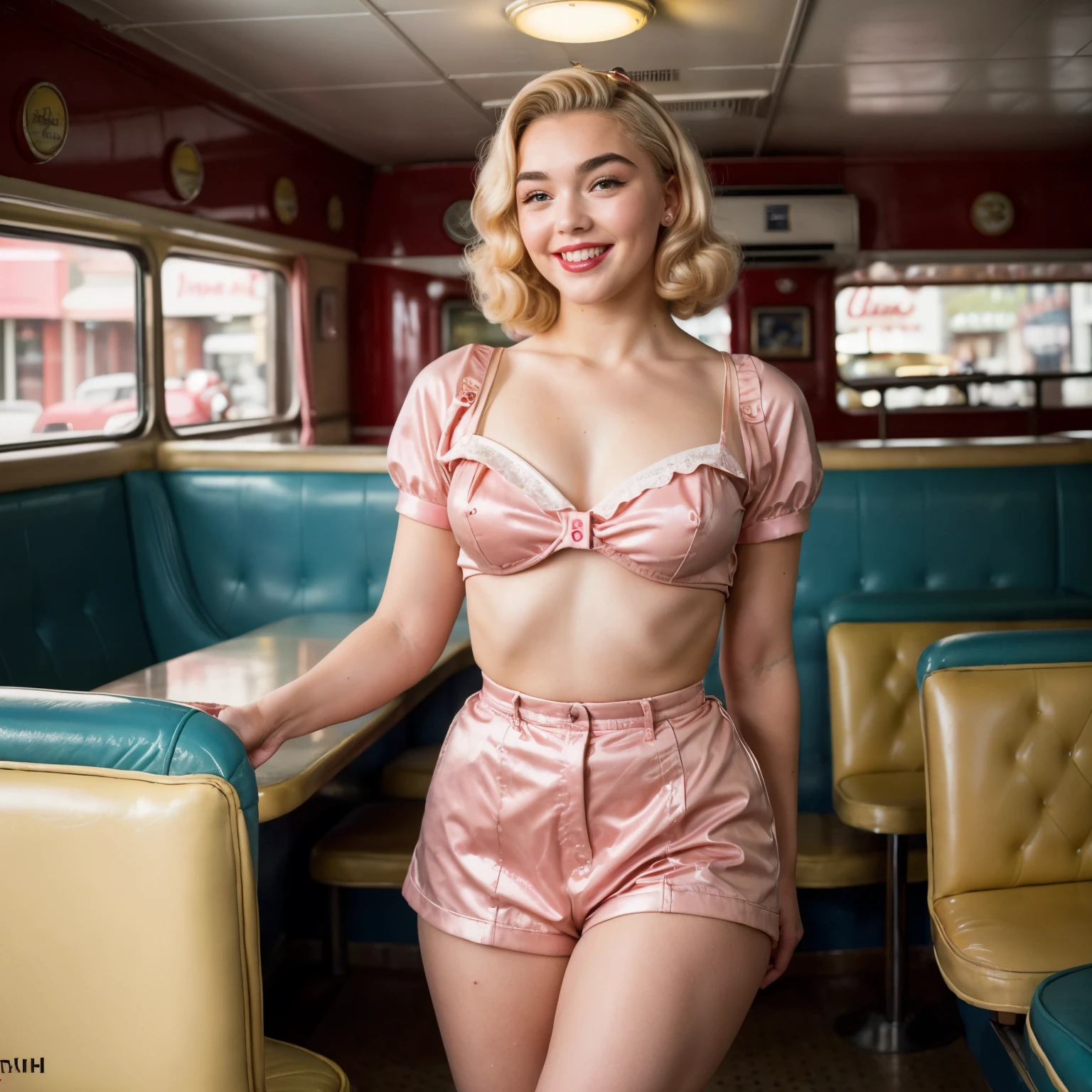 (best quality, 4k, 8k, high res,masterpiece:1.2), ultra-detailed, (photo-realistic:1.37), ((best quality)), ((masterpiece)), (detailed), ((Florence Pugh)), ((NSFW)), ((a waitress from the 1950s in a sexy short tight uniform with tiny ultra-short micro-shorts)), ((full-length whole-body)), ((1950s short platinum-blond hair and make-up)), ((long eyelashes)), ((perfect wide cheesecake-smile with cute dimples)), ((blushed-pink cheeks)), ((red high gloss lipstick)), well-drawn perfect eyes, ((perfect teeth)), ((NSFW)), ((well-drawn well-proportioned anatomy)), ((cinematic lighting)), 1950s diner in bright blues and yellows, ((standing in a colourful 1950s diner)),