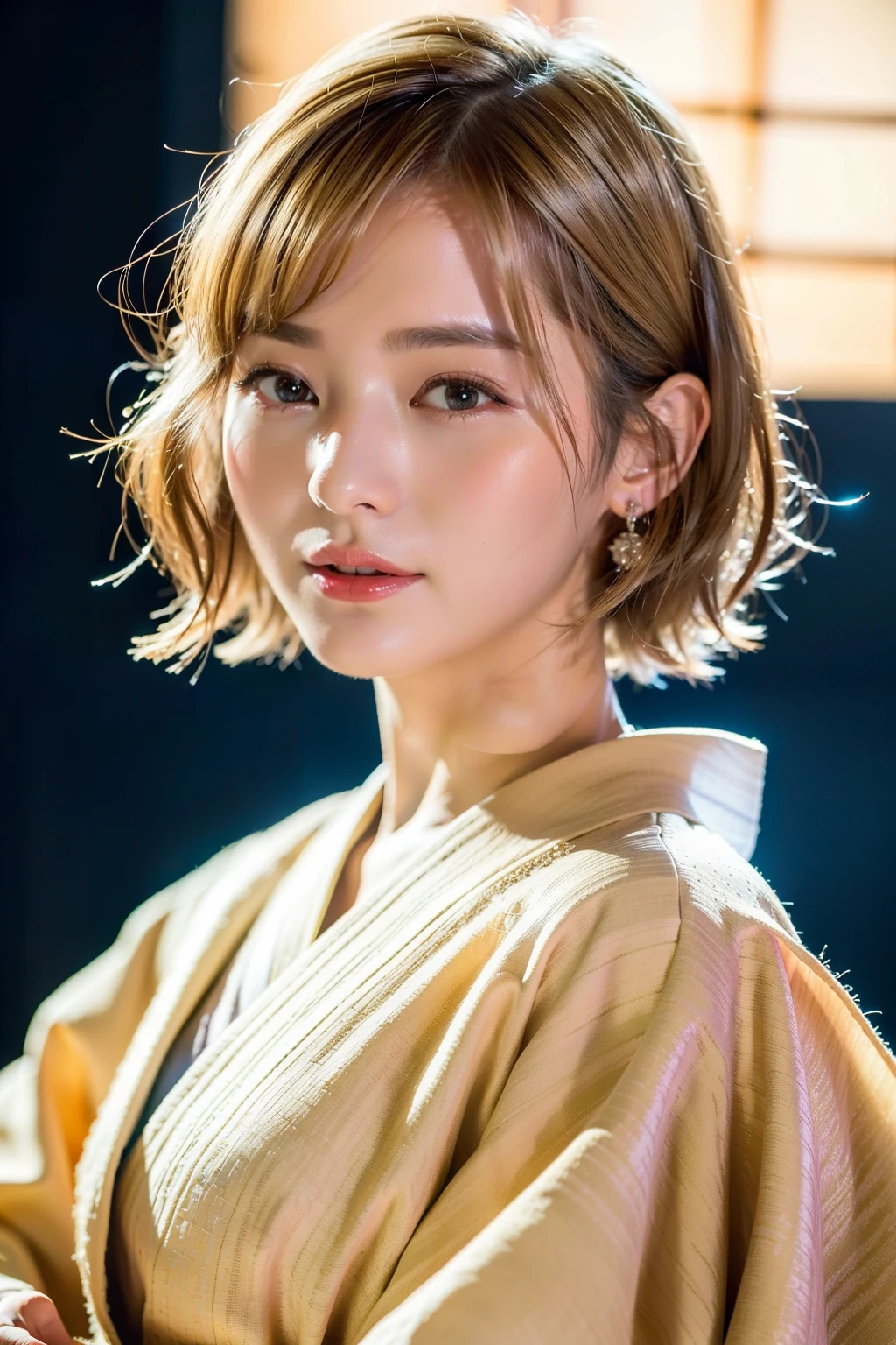 Girl Photos、short hair、Blonde、wear Kimono、 highest quality、Realistic、Photorealistic、(Intricate details:1.2)、(Subtle details)、(Cinematic light、highest qualityのバックライト)、Clear lines、Sharp focus、A vivid face、Unity 8K Wallpaper with Detailed Face、超A high resolution、(Photorealistic:1.4)、Looking at the audience、