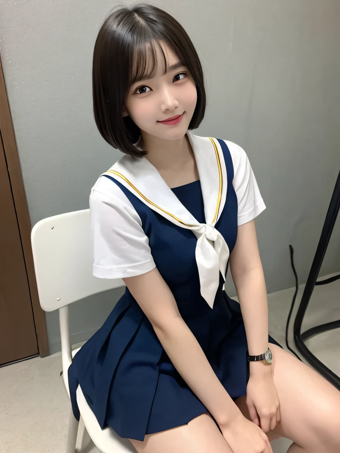 In detail,Full body photo、High resolution, high quality、Slim body、Perfect dynamic composition, Beautiful fine details, Bobcut、Natural color lip,Kamimei、16-year-old high school girl、Clear Skin、Sailor suit、Navy blue mini skirt、Thighs、Shiny Hair、最high quality, figure, Very detailed, In detail, High resolution, 8k、The correct state of the human body、Sculpture model pose,Pink wall,Sitting in a chair、Thighs are visible、smile、