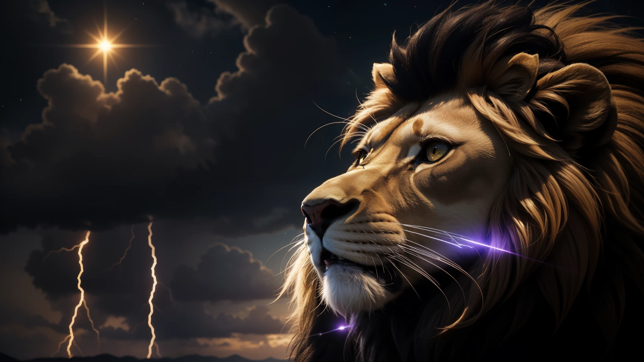 lion, Divine Lion, Majestic, Lindo, Fogo, Eletricidade, Thunders, Sky Thunders, Stars, Fotorrealista 6K, UltraHD Detalhada, Cores detalhadas 8K, lion Elegante, Sol, Estrelas, Raios, heavens, Divine Sky, tempestade, Towards the heavens, celestial, divino, Golden Lion, Golden Light, Golden, Fotorrealista, Rendering, 4K, 8k, texturas detalhadas, sombras detalhadas, decente, cores detalhadas, Gods Sky, Detalhes UltraHD 16K, Texturas fotorrealistas 16K, Nitidez Detalhada 16K, Nitidez Detalhada, Cores detalhadas, Sombras realistas, Texturas Ultra realista, High Power, Natural Beleza, Cores Naturais, Contraste realista, Texturas Fotorrealistas, cores detalhadas, cores realistas, sombras detalhadas, Rosto Luminoso, Eletricidade, Rosto detalhado 4K, Ultra detalhado, contraste realista de 8k, nitidez detalhada, cores Ultra HD, elegante,