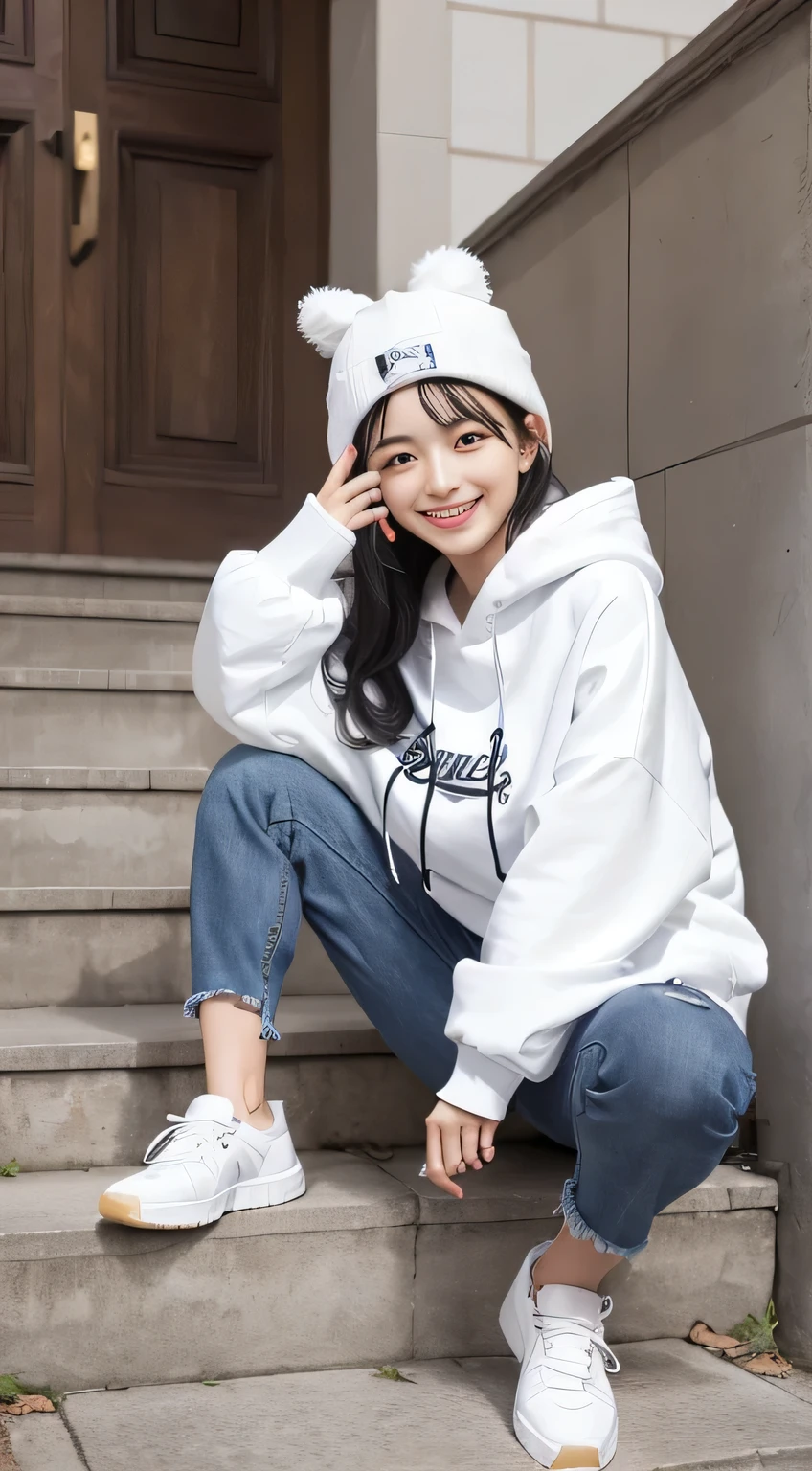 highest quality, Realistic, Very detailed, Finer details, High resolution, 8k wallpaper, One beautiful woman,Sit on the stairs、(Wear black socks)smile、(Beautiful teeth alignment、)(Gums are visible) Oversized hoodie, Skinny jeans,( Black sneakers)、Black Hair、 Beautiful Bangs、ear piercing、Perfect dynamic composition, Beautiful and detailed, Full Body Shot, A big smile