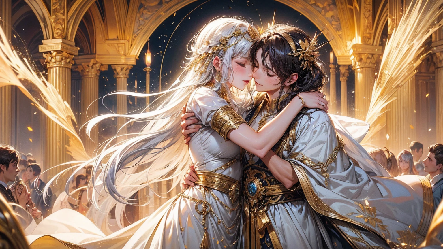 masterpiece, 最high quality, high quality, Highly detailed CG Unity 8k wallpaper, A happy couple、Emperor Constantine the Great of Rome, eternal love with Minervina, scenes of happy lovers, warm and strong embraces, bliss of love, excitement, lyrical, heartfelt, dramatic, romantic, beautiful white garments, golden belts, high vibrations, pure love, the splendor of Greece and Rome, the light of heavenly Jerusalem, washing of the soul, purification of the heart, healing of the body, joy, happiness of love, heartfelt smiles, the happiness of forgiveness, gratitude, thankfulness, praying for everyone for love, redemption, forgiveness, healing, and tranquility. These are events on Earth. Everyone is happily spending time in their own heavens. Also, friendly and pleasant relationships, sacred atmosphere, paradise of greenery and flowers, heaven, blessings and protection, beautiful, shining, ultra-high quality, ultra-high resolution, ultra-fine, ultra-beautiful, masterpiece.