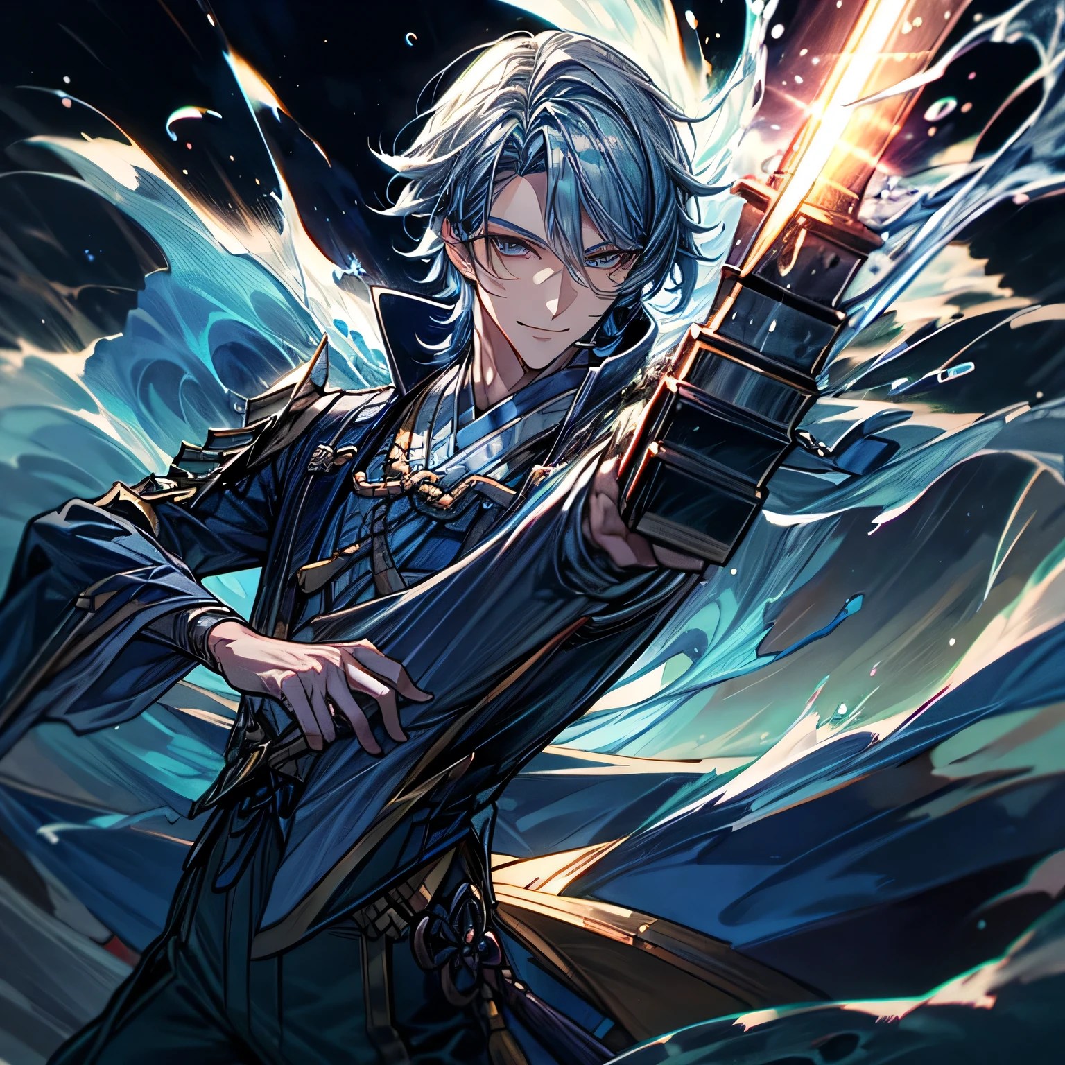 One man, Have blue water sword, handsome man, water power, in Japanese, night, hd quality, high quality, smile