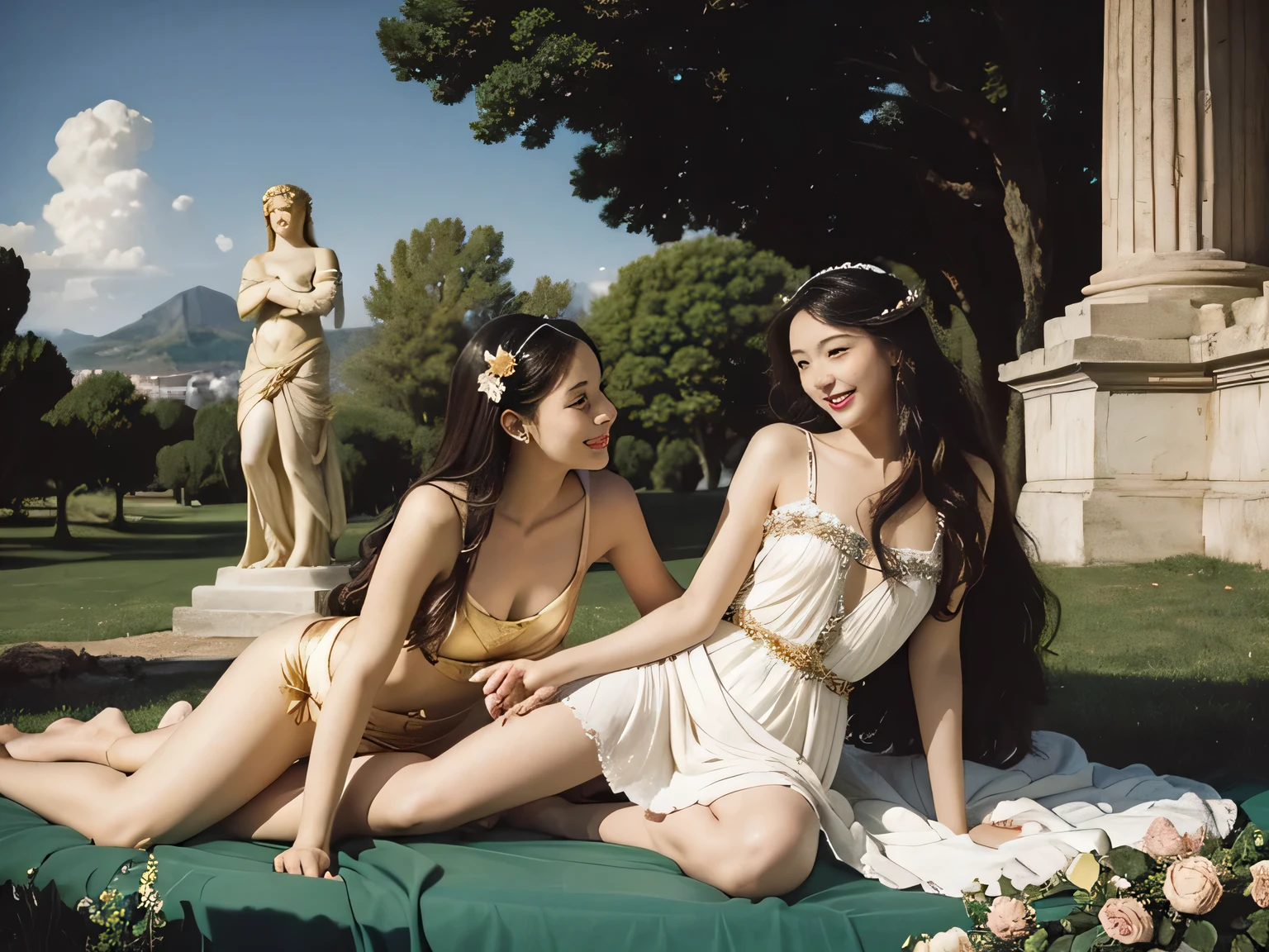 full body portrait or statue、Sandro Botticelli painting style,Arguments of two female Philosophe,math、astronomical machine、astronaut、roses in vase、fruits、Cute trinkets、smile、ancient greek costume、Ancient Roman landscape in the style of Nicolas Poussin,laughter,,Sweet and seductive appearance.、Caravaggio's paintings、Chiaroscuro of Caravaggio、hair tousled by the wind,Two women frolicking,cute smile, expression of ecstasy,Sexy,erotic