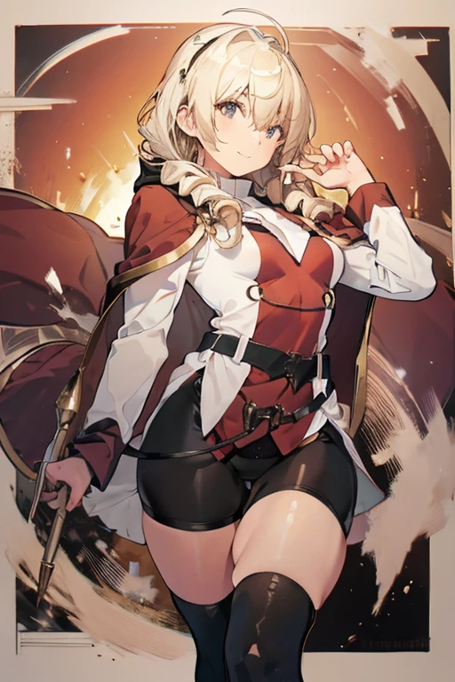 masterpiece, 1girl, sparrow, a blonde haired girl, wearing a brown viking clothes, curly medium hair, messy hair, slim body, wearing furry capelet with hoody, he close her left eye, shirt ornament, aqua eyes, sho show her back, ahoge, red vest, baby face, big breast, beautiful breasts, rounded breasts, braid hair, long sleeves, beautiful eyes, white stocking, droopy eyes, her age is 19 years old, smile, ancient viking