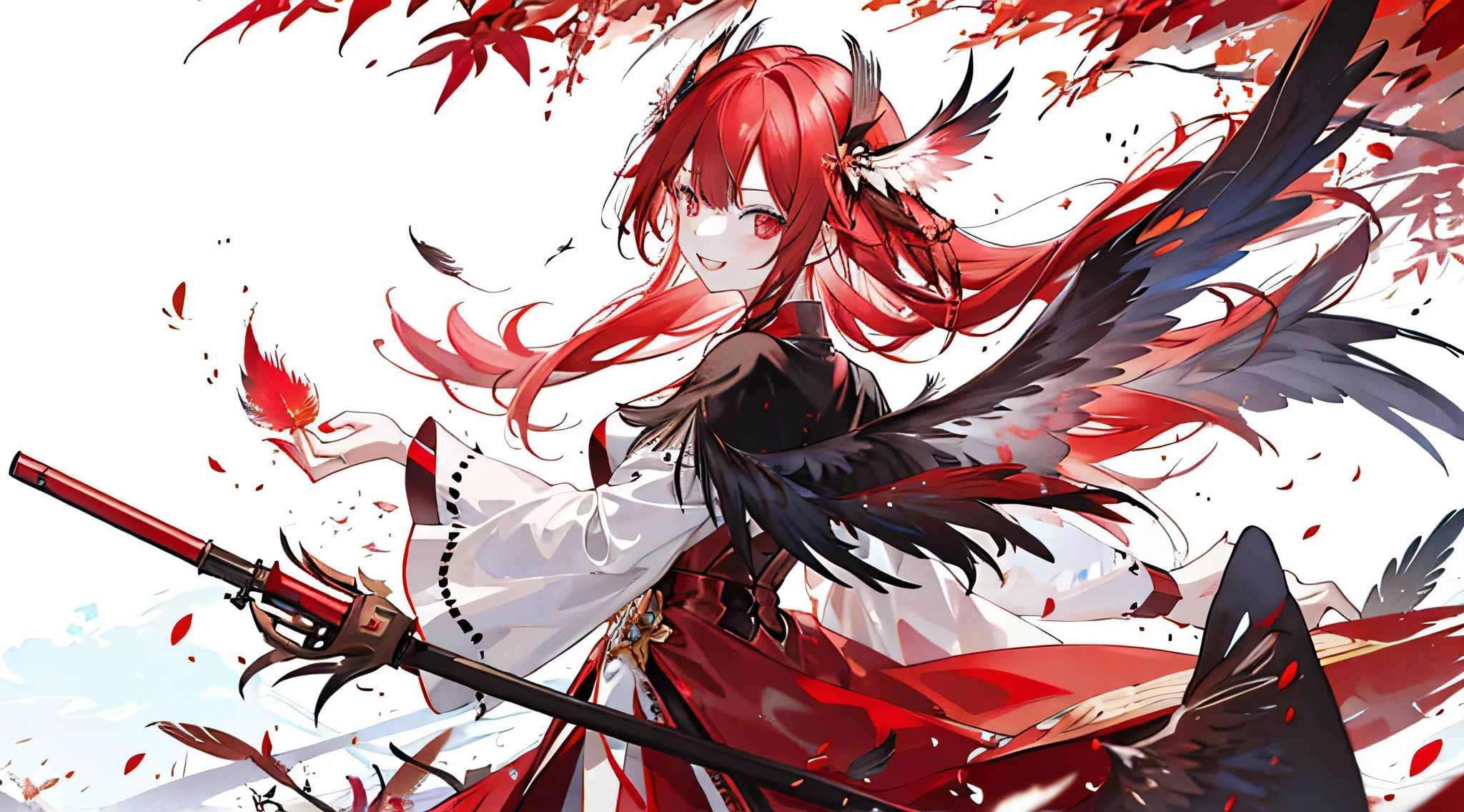 ((tmasterpiece:1.4,Best quality))+,(hyper-detailing)+,(Ultra-detailed eyes)+,(winged ears:1.5),
(cute girls),ar old,(Crimson pupils:1.15),Long dark blond hair,long braid,Bushy hair(wariza:1.2),pale-skinned,Stupid smile,red rhombus crystal,red bird feathers,vacant eyes
(She wore a conservative red and yellow bird feather coat,Black pattern,:1.5),(Starry Sky Cloak:1.4)The sleeves are long,Red bird feather headdress,Wings of Fire,baiyun,A sea of red leaves and trees,Dream bubbles,crow crow,rednails,sun crown,red apple,Red Lotus,leather pant
(bird feathers:1.1),
(dawn light:1.2),
(Thick black and white:1.16),(depth of fields:1.4),,Complicated details,