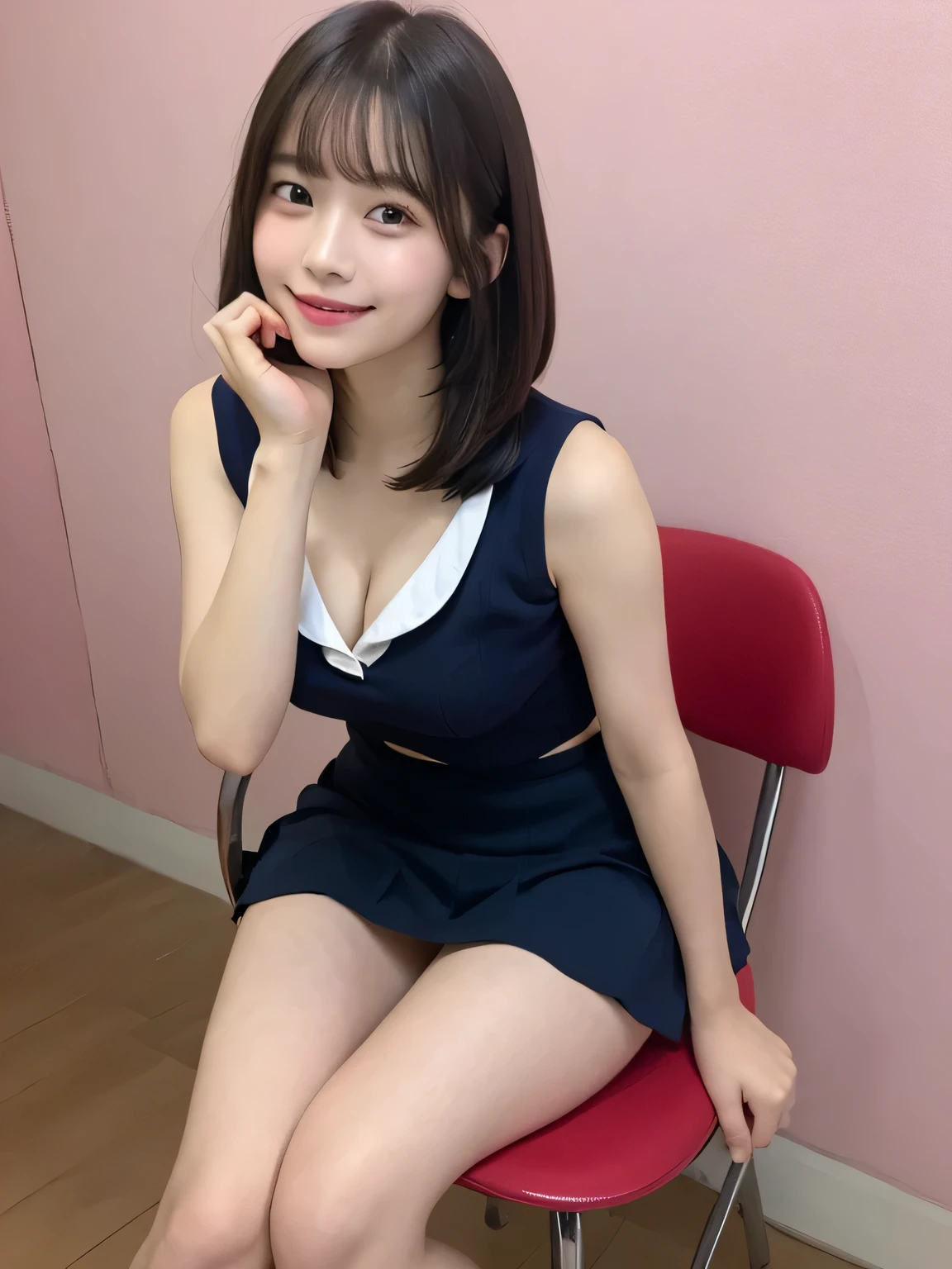 In detail,Full body photo、High resolution, high quality、Slim body、Perfect dynamic composition, Beautiful fine details, Bobcut、Natural color lip,Kamimei、-yeld hischool girl、Clear Skin、Sailor suit、Navy blue mini skirt、Thighs、Shiny Hair、最high quality, figure, Very detailed, In detail, High resolution, 8k、The correct state of the human body、Small cleavage、Sculpture model pose，Pink wall,Sitting in a chair、Thighs are visible、smile、