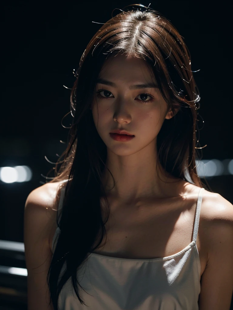 best qualtiy，tmasterpiece，ultra high resolution，（Realism：1.4），RAW photogr，1girll，cropped shoulders，in the darkness nigth，deep shading，low tune，cold light，head portrait，He had sashimi on him, Half-prayer words were written on his body