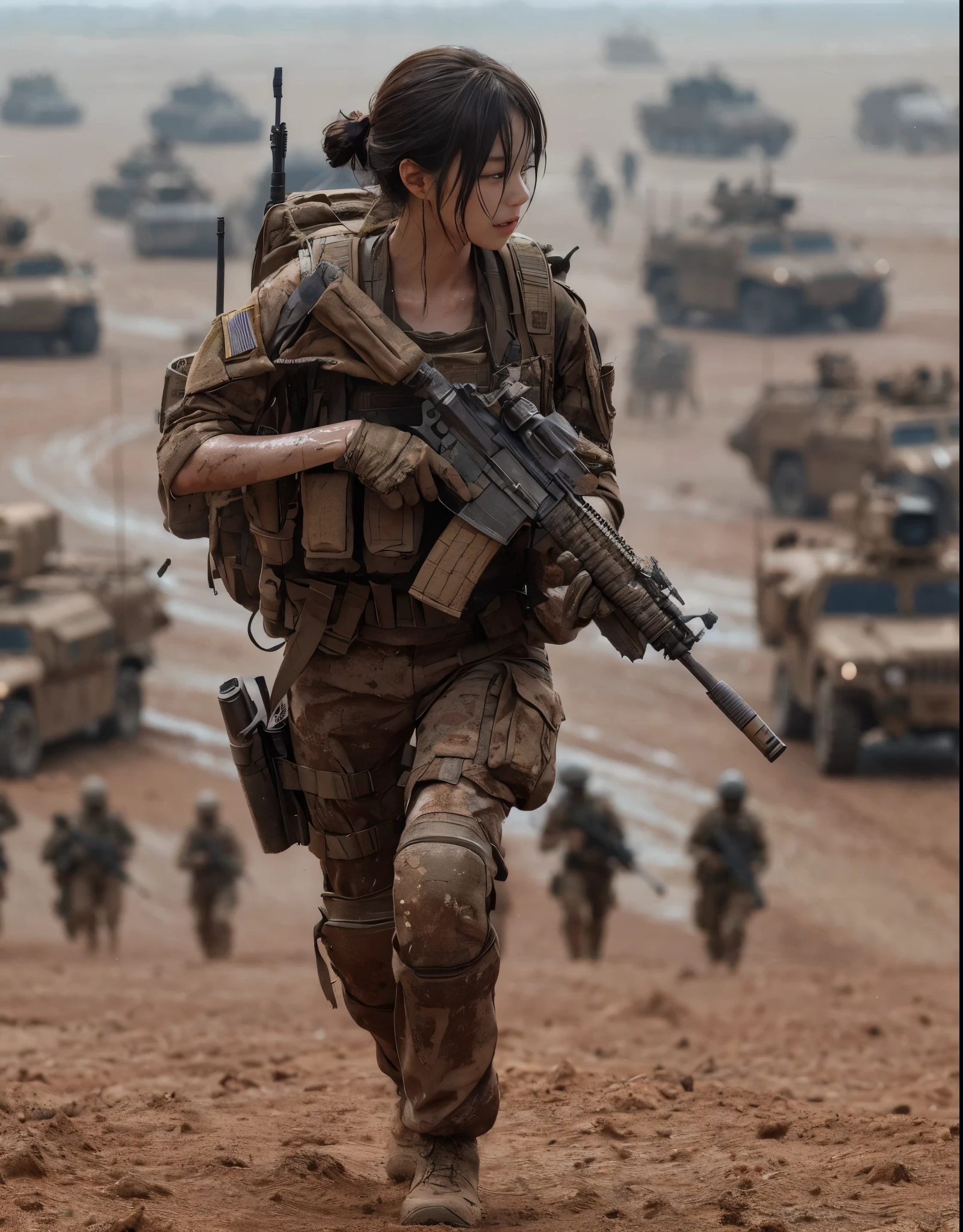 8K, realistic photo, realistic skin texture, Japanese women in the U.S. Army、、wasteland、mud、Automatic rifle、Bulletproof vest、backpack、Several tanks and military vehicles are seen in the distance.、Move forward at a fast pace、Signal to move forward、The background is out of focus