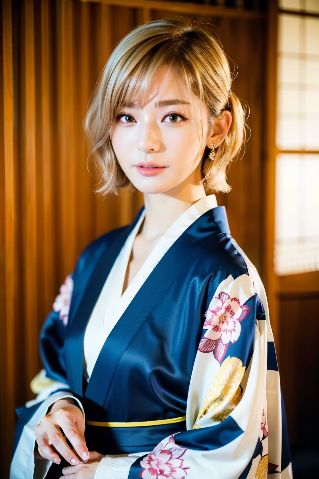 Girl Photos、short hair、Blonde、wear Kimono、 highest quality、Realistic、Photorealistic、(Intricate details:1.2)、(Subtle details)、(Cinematic light、highest qualityのバックライト)、Clear lines、Sharp focus、A vivid face、Unity 8K Wallpaper with Detailed Face、超A high resolution、(Photorealistic:1.4)、Looking at the audience、