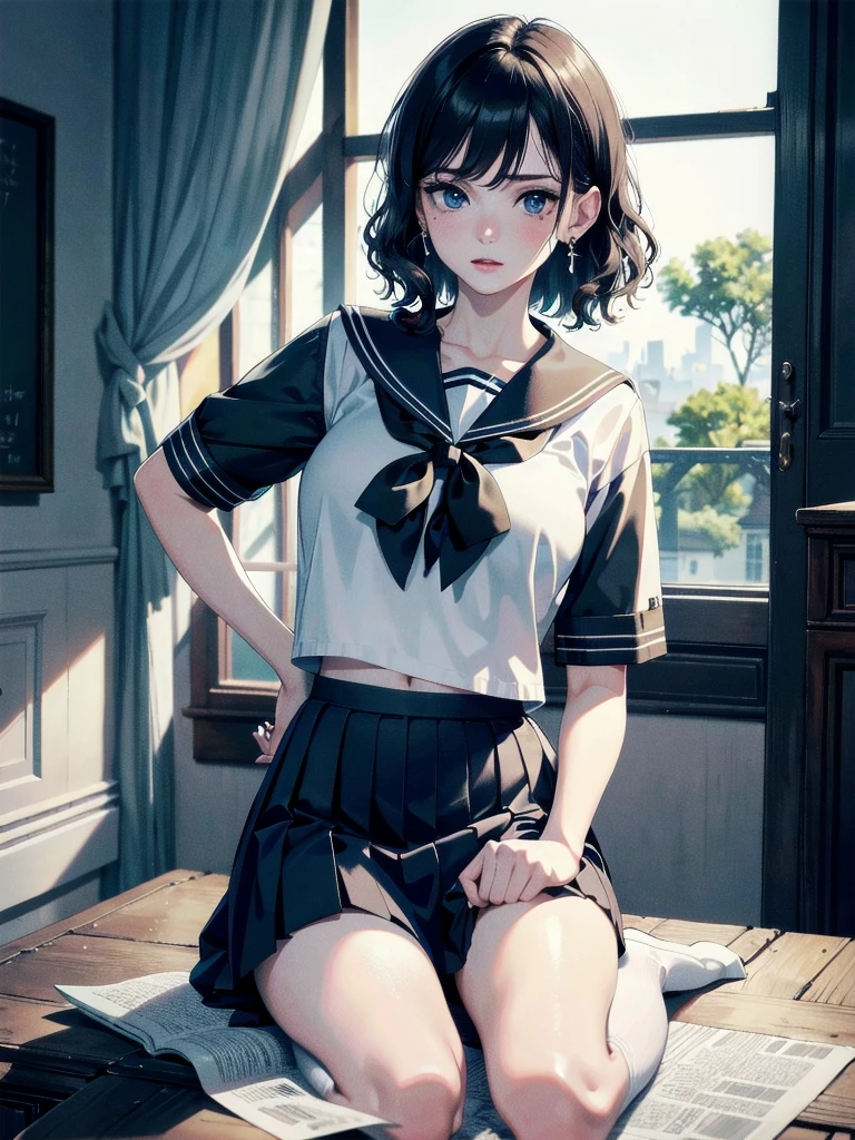 absurdres, RAW photo, extremely delicate and beautiful, masterpiece, Best Quality, ultra high resolution, 32k, hyperrealistic, ultra-detailed, detailed description, pale skin, 20 years old, tearful mole, earring, Colossal , short medium hair, wavy hair, full body shot, sailor uniform, school_uniform,