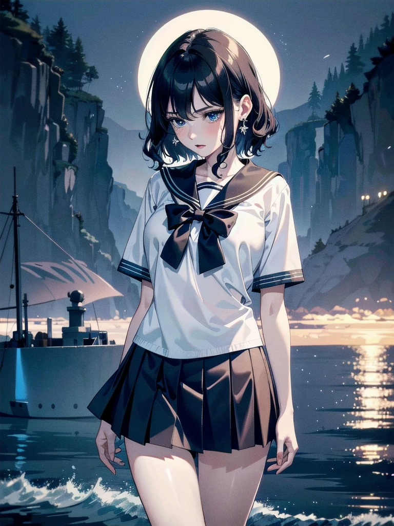 absurdres, RAW photo, extremely delicate and beautiful, masterpiece, Best Quality, ultra high resolution, 32k, hyperrealistic, ultra-detailed, detailed description, pale skin, 20 years old, tearful mole, earring, Colossal tits, short medium hair, wavy hair, full body shot, sailor uniform, school_uniform,