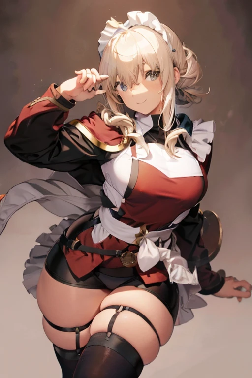 masterpiece, 1girl, sparrow, a blonde haired girl, wearing a brown viking clothes, curly medium hair, messy hair, slim body, wearing furry capelet with hoody, he close her left eye, shirt ornament, aqua eyes, sho show her back, ahoge, red vest, baby face, big breast, beautiful breasts, rounded breasts, braid hair, long sleeves, beautiful eyes, white stocking, droopy eyes, her age is 19 years old, smile, ancient viking