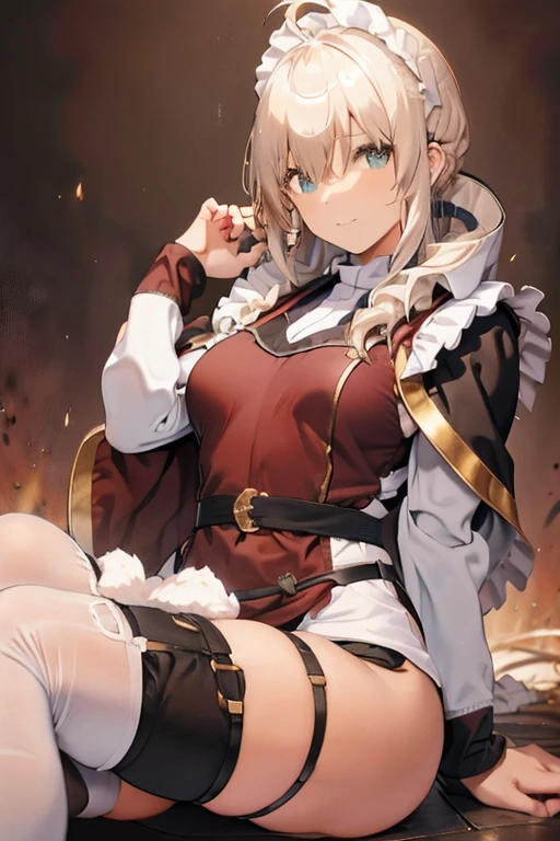 masterpiece, 1girl, sparrow, a blonde haired girl, wearing a brown viking clothes, curly medium hair, messy hair, slim body, wearing furry capelet with hoody, he close her left eye, shirt ornament, aqua eyes, sho show her back, ahoge, red vest, baby face, big breast, beautiful breasts, rounded breasts, braid hair, long sleeves, beautiful eyes, white stocking, droopy eyes, her age is 19 years old, smile, ancient viking 