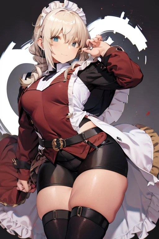 masterpiece, 1girl, sparrow, a blonde haired girl, wearing a brown viking clothes, curly medium hair, messy hair, slim body, wearing furry capelet with hoody, he close her left eye, shirt ornament, aqua eyes, sho show her back, ahoge, red vest, baby , big breast, beautiful breasts, rounded breasts, braid hair, long sleeves, beautiful eyes, white stocking, droopy eyes, her age is 19 years old, smile, ancient viking 