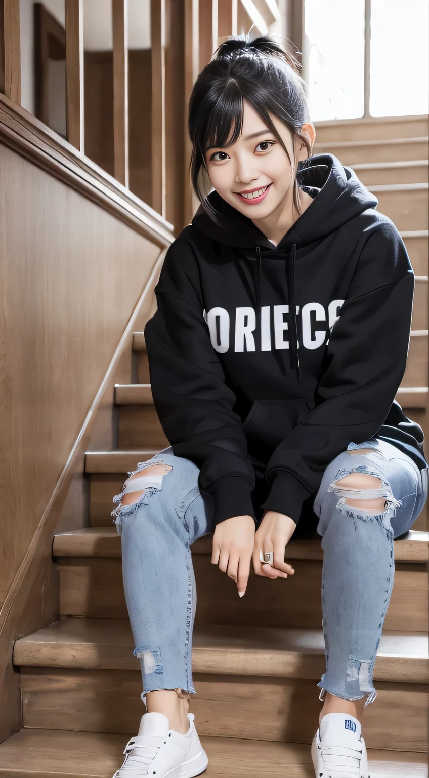 highest quality, Realistic, Very detailed, Finer details, High resolution, 8k wallpaper, One beautiful woman,Sit on the stairs、（Wear black socks）smile、（Beautiful teeth alignment、）（Gums are visible） Oversized hoodie, Skinny jeans,（ Black sneakers）、Black Hair、 Beautiful Bangs、ear piercing、Perfect dynamic composition, Beautiful and detailed, Full Body Shot, A big smile

