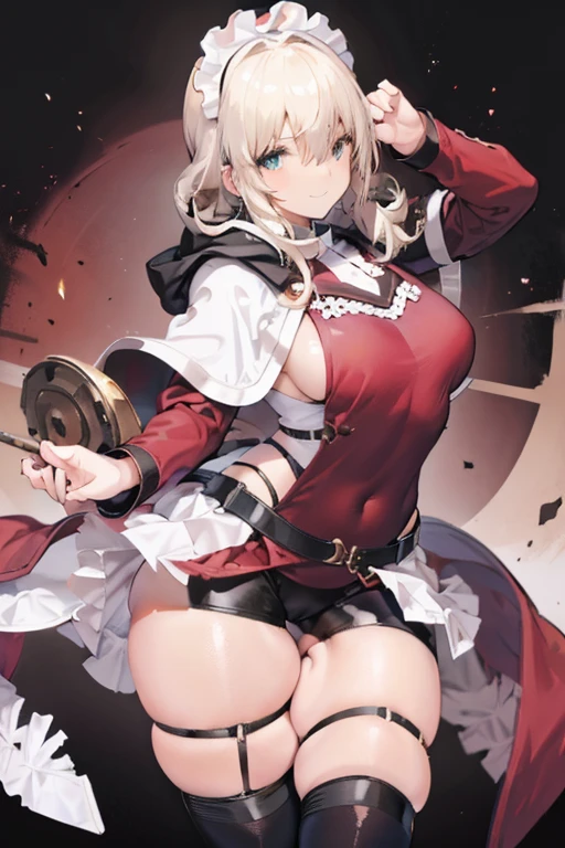 masterpiece, 1girl, sparrow, a blonde haired girl, wearing a brown viking clothes, curly medium hair, messy hair, slim body, wearing furry capelet with hoody, he close her left eye, shirt ornament, aqua eyes, sho show her back, ahoge, red vest, baby face, big breast, beautiful breasts, rounded breasts, braid hair, long sleeves, beautiful eyes, white stocking, droopy eyes, her age is 19 years old, smile, ancient viking