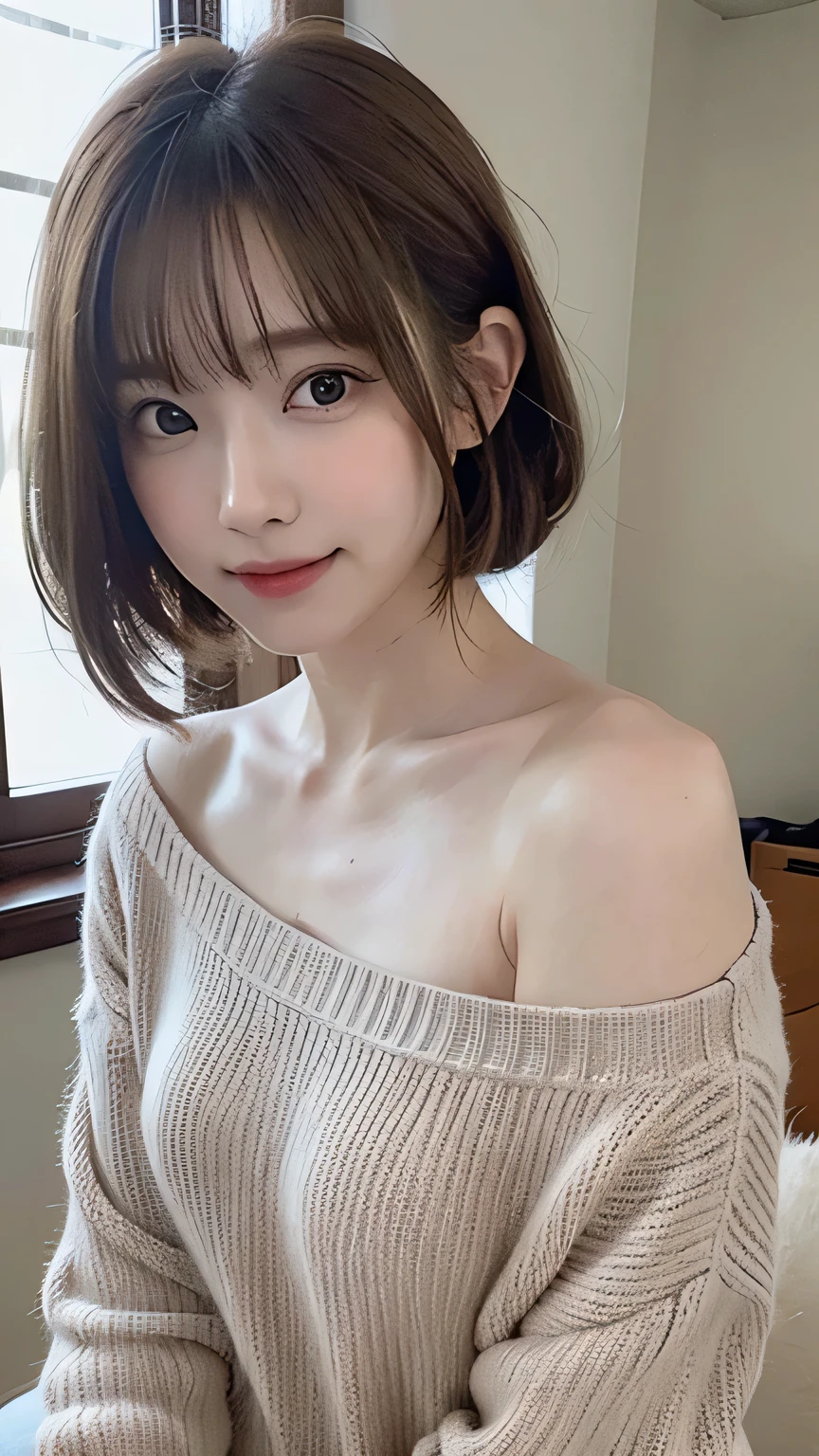 (masterpiece:1.3), (8K, Photorealsitic, Raw photography, Top image quality: 1.4), Japan high school girls、(Random hairstyles:1.2)、cleavage of the breast:1.2、Super Detail Face、Eye of Detail、double eyelid、Bring your chest together、sharp focus:1.2、prety woman:1.4、light brown hair、top-quality、masterpiece、超A high resolution、(Photorealsitic:1.4)、Highly detailed and professional lighting smile、Loose and light knitwear、Shoulder out、slender、serious facial expression、short-haired、Fatal position