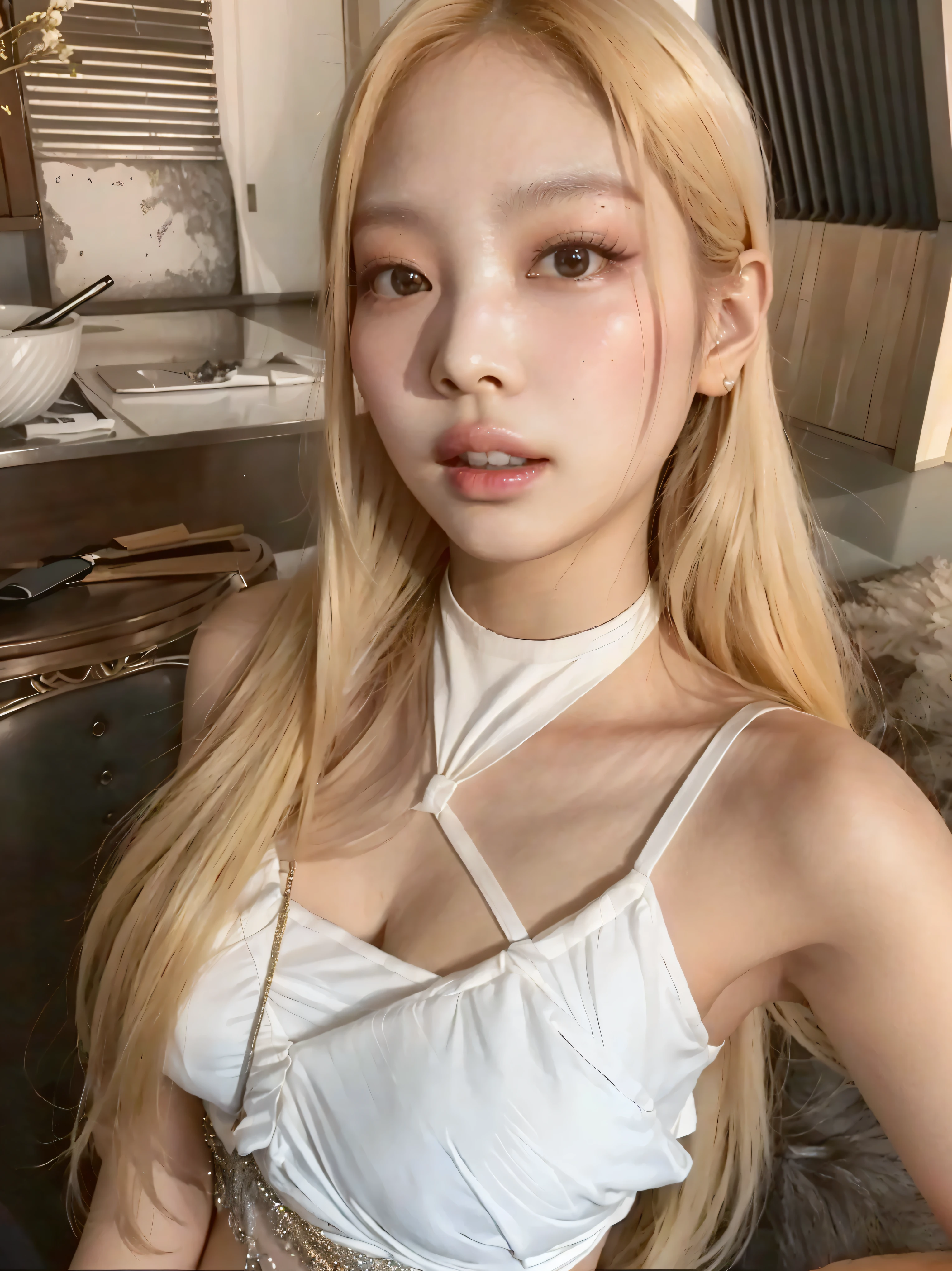 um close de uma mulher com longos cabelos loiros e uma blusa branca, parque roseanne de blackpink,  coreana, linda jovem coreana, Ulzzang, Jaeyeon Nam, young lovely korean face, linda mulher sul-coreana, look sexy at the camera, lalisa manobal, linda jovem coreana, Retrato de Jossi do Blackpink, adorable and pale korean face